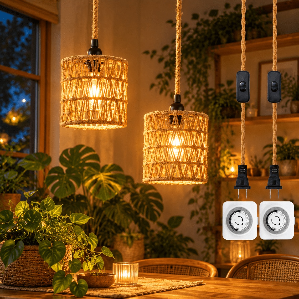 2 Pack Boho Rattan LED Grow Light, 10W Full Spectrum, 24H Timer, 15FT Cord, 110-220V, Hanging Plant Lamp for Indoor Tall Plants