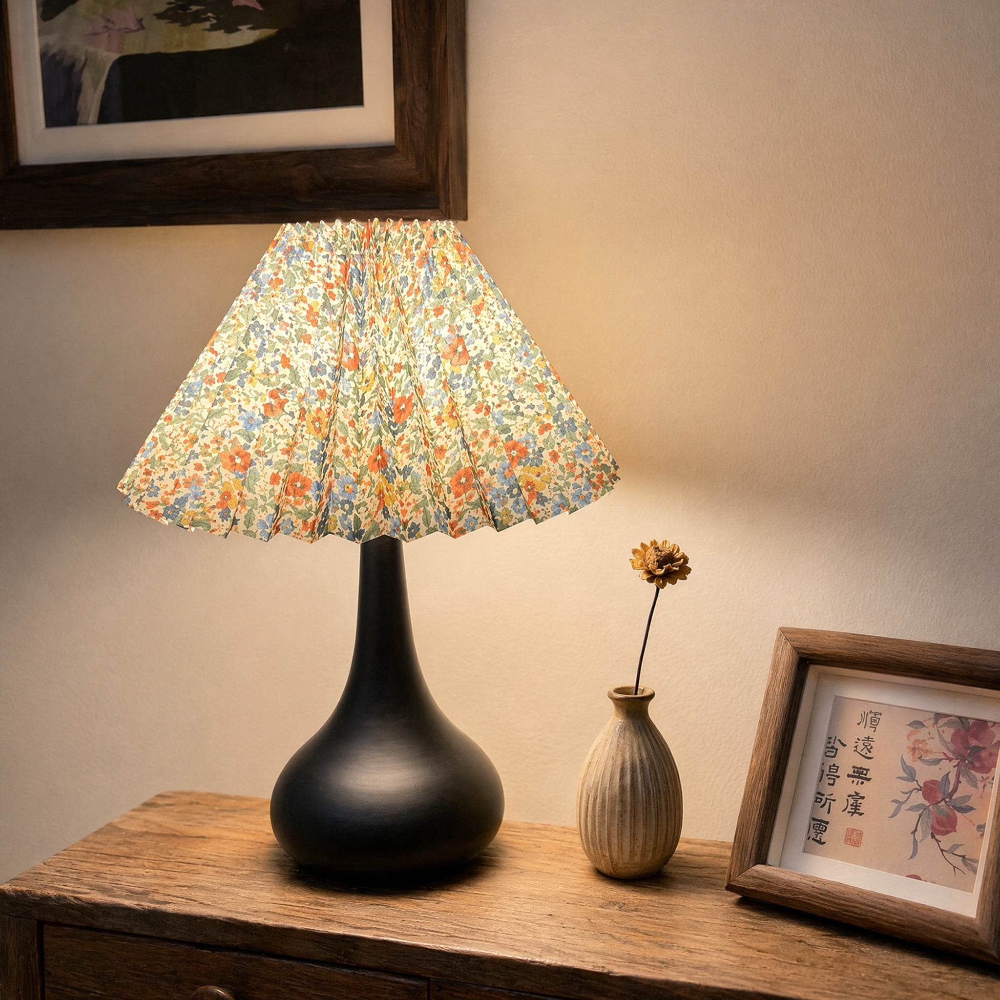 Retro Floral Pleated Fabric Table Lamp, Iron Gourd Base, 3 Color Temps LED Light for Bedroom Living Room Office Decor