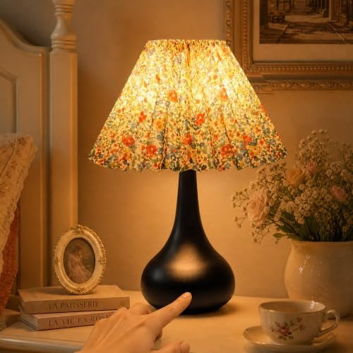 Retro Floral Pleated Fabric Table Lamp, Iron Gourd Base, 3 Color Temps LED Light for Bedroom Living Room Office Decor