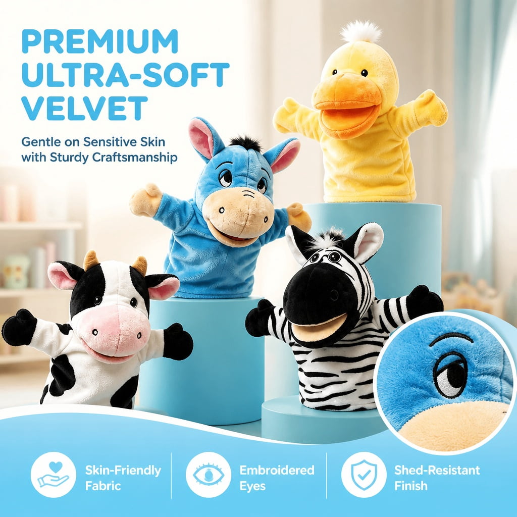 4 Pcs Plush Hand Puppet Set (Blue Donkey + Cow + Yellow Duck + Zebra), The Puppet Type Perfect for Storytelling, Teaching, Preschool, Birthday Gifts