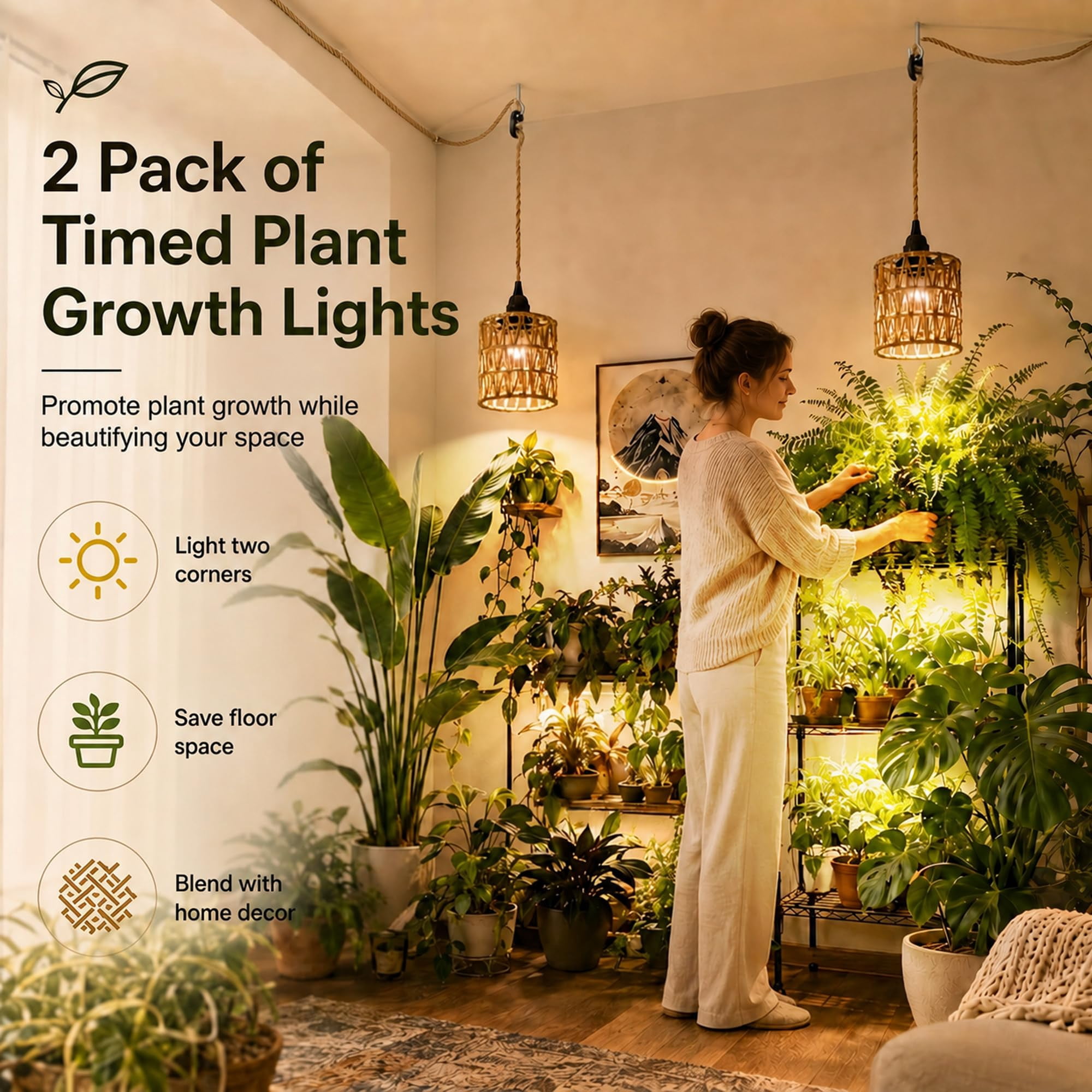 2 Pack Boho Rattan LED Grow Light, 10W Full Spectrum, 24H Timer, 15FT Cord, 110-220V, Hanging Plant Lamp for Indoor Tall Plants