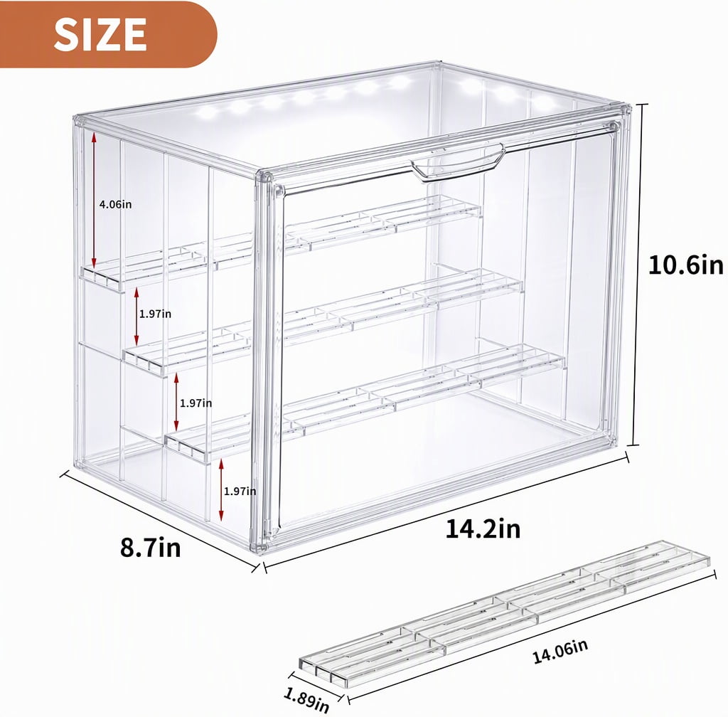 DOLIZU Acrylic Display Case,Upgraded 4-layer transparent display box with lights with 3 Adjustable Divider, 1 Pack Stackable Large Storage Box with Magnetic Door for Collectibles Action Figures