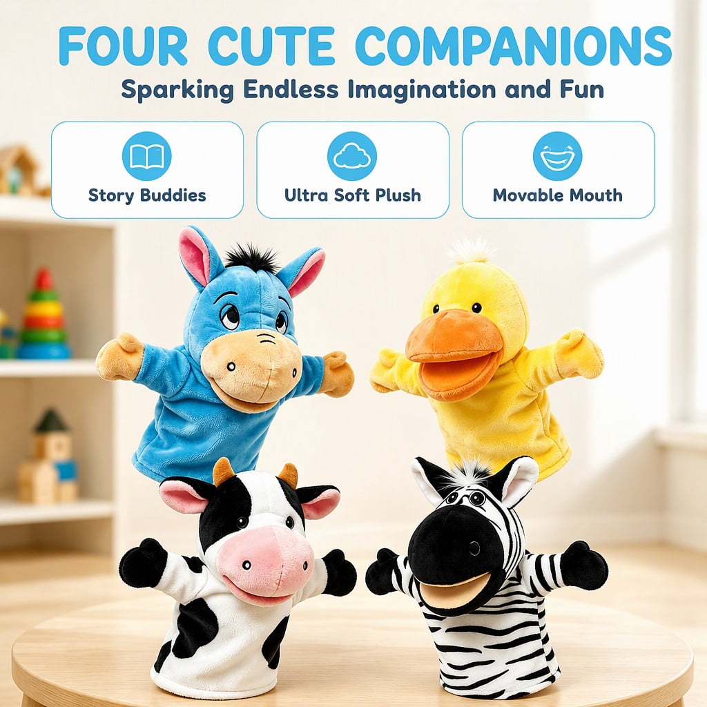 4 Pcs Plush Hand Puppet Set (Blue Donkey + Cow + Yellow Duck + Zebra), The Puppet Type Perfect for Storytelling, Teaching, Preschool, Birthday Gifts