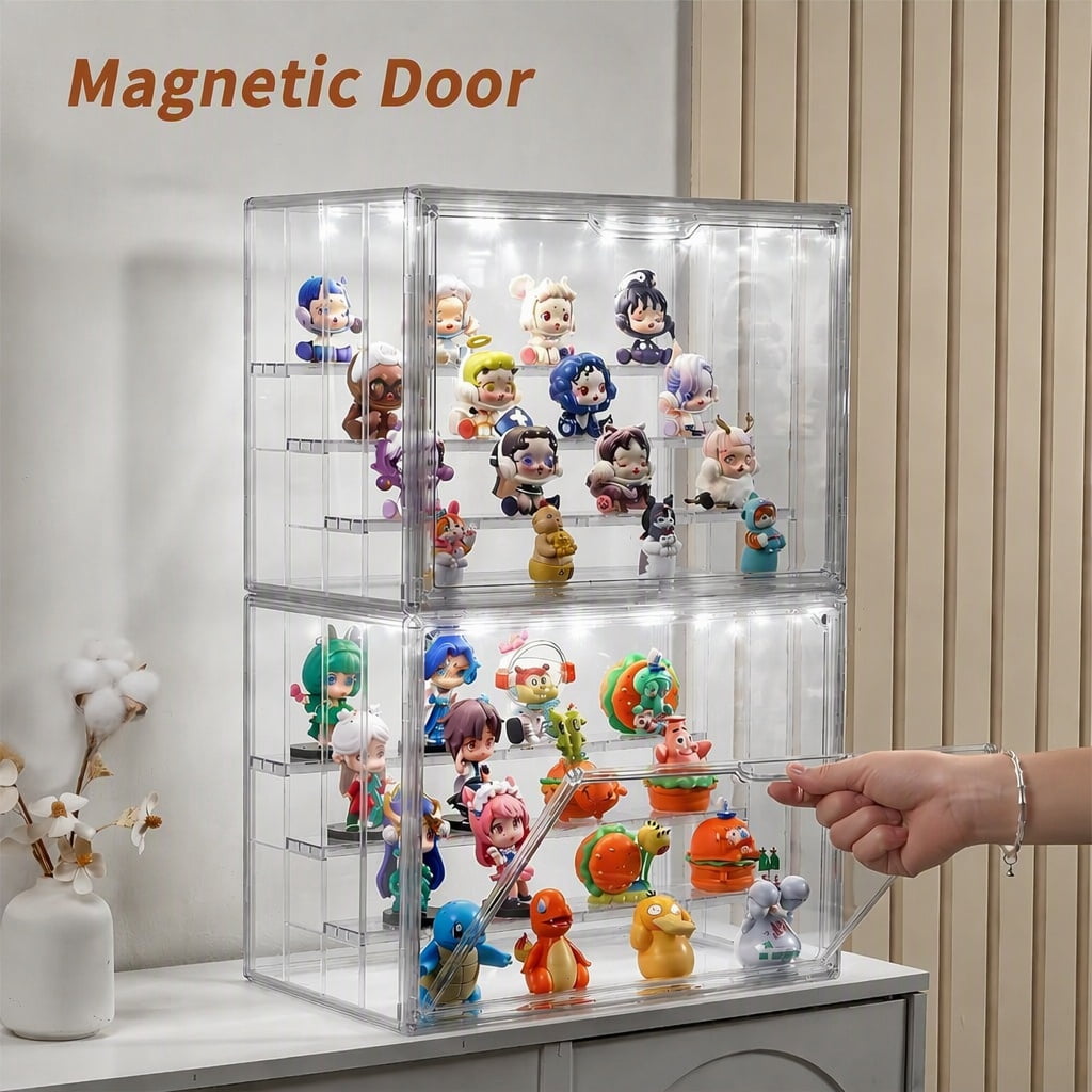 DOLIZU Acrylic Display Case,Upgraded 4-layer transparent display box with lights with 3 Adjustable Divider, 1 Pack Stackable Large Storage Box with Magnetic Door for Collectibles Action Figures