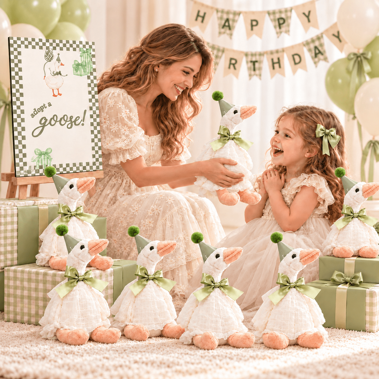 Dolizu 8 Sets One Silly Goose Birthday Decoration 11.8 inch Soft Silly Goose Stuffed Animal Hat with Wood Table Decor for Birthday Party Decoration