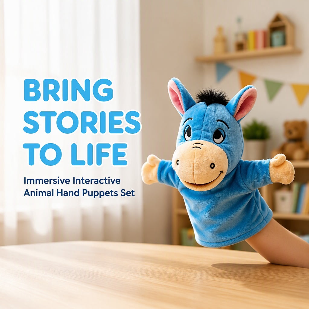 4 Pcs Plush Hand Puppet Set (Blue Donkey + Cow + Yellow Duck + Zebra), The Puppet Type Perfect for Storytelling, Teaching, Preschool, Birthday Gifts