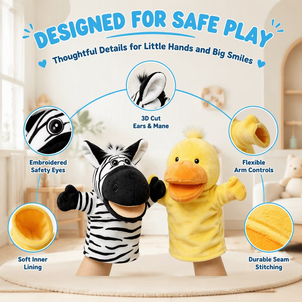 4 Pcs Plush Hand Puppet Set (Blue Donkey + Cow + Yellow Duck + Zebra), The Puppet Type Perfect for Storytelling, Teaching, Preschool, Birthday Gifts