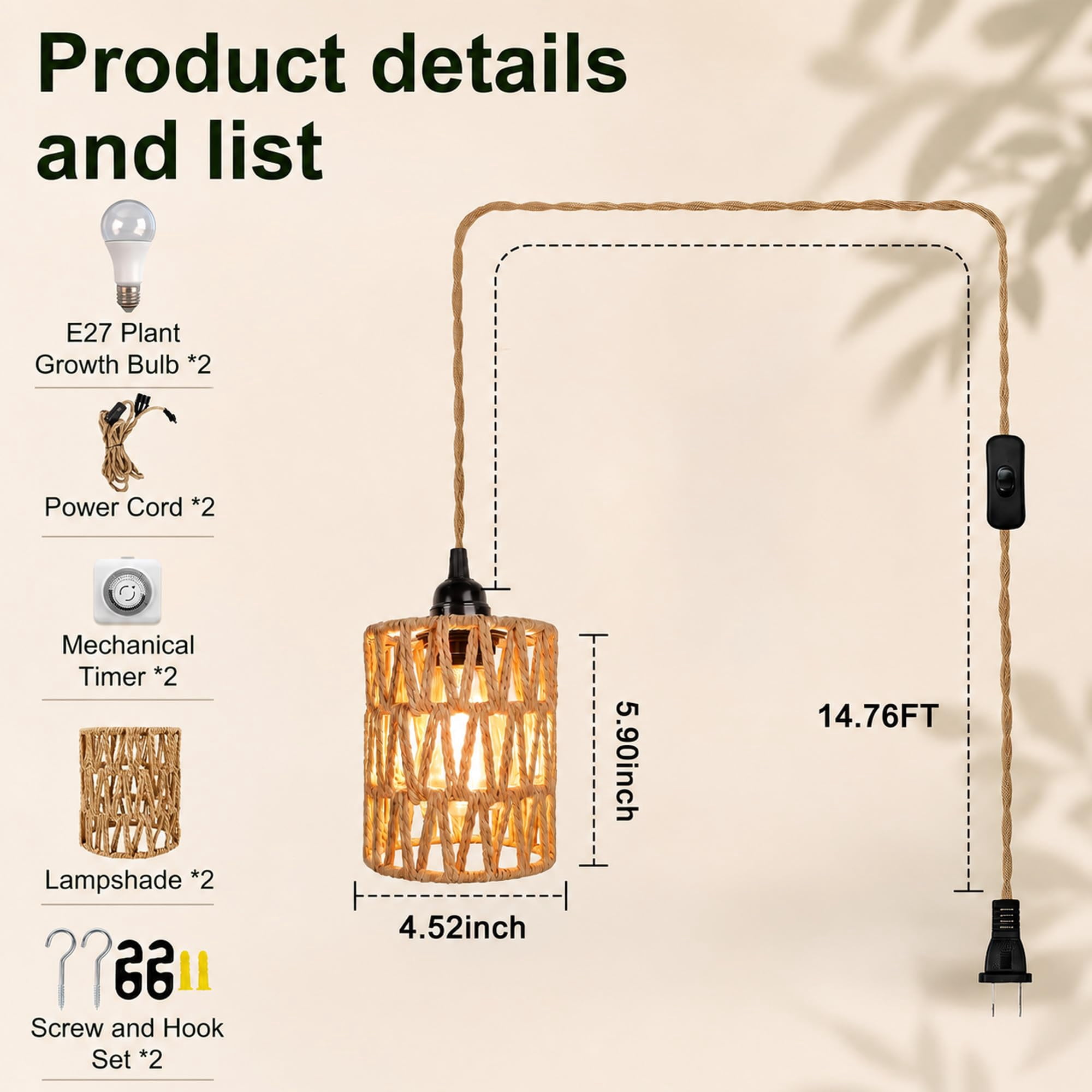 2 Pack Boho Rattan LED Grow Light, 10W Full Spectrum, 24H Timer, 15FT Cord, 110-220V, Hanging Plant Lamp for Indoor Tall Plants