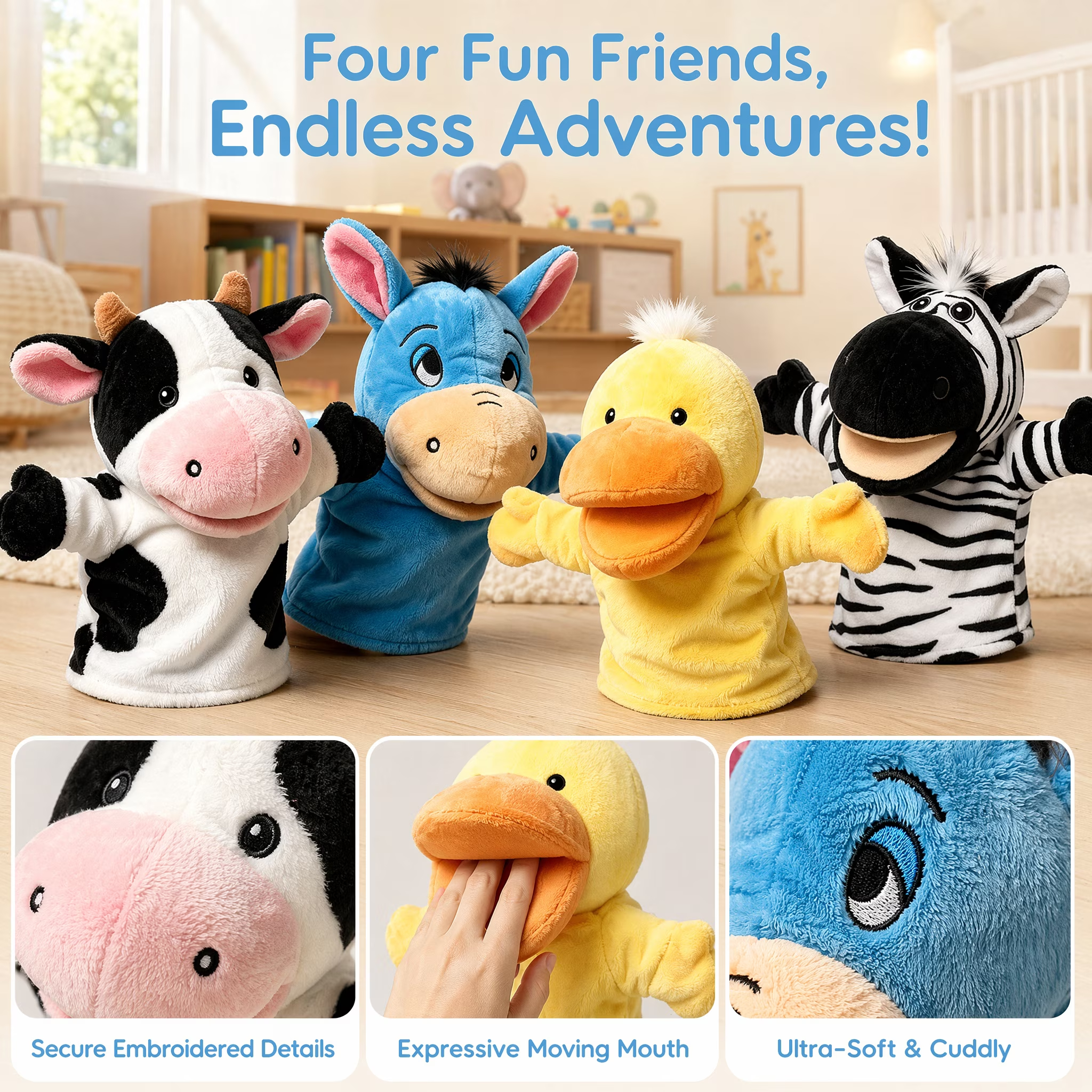 4 Pcs Plush Hand Puppet Set (Blue Donkey + Cow + Yellow Duck + Zebra), The Puppet Type Perfect for Storytelling, Teaching, Preschool, Birthday Gifts