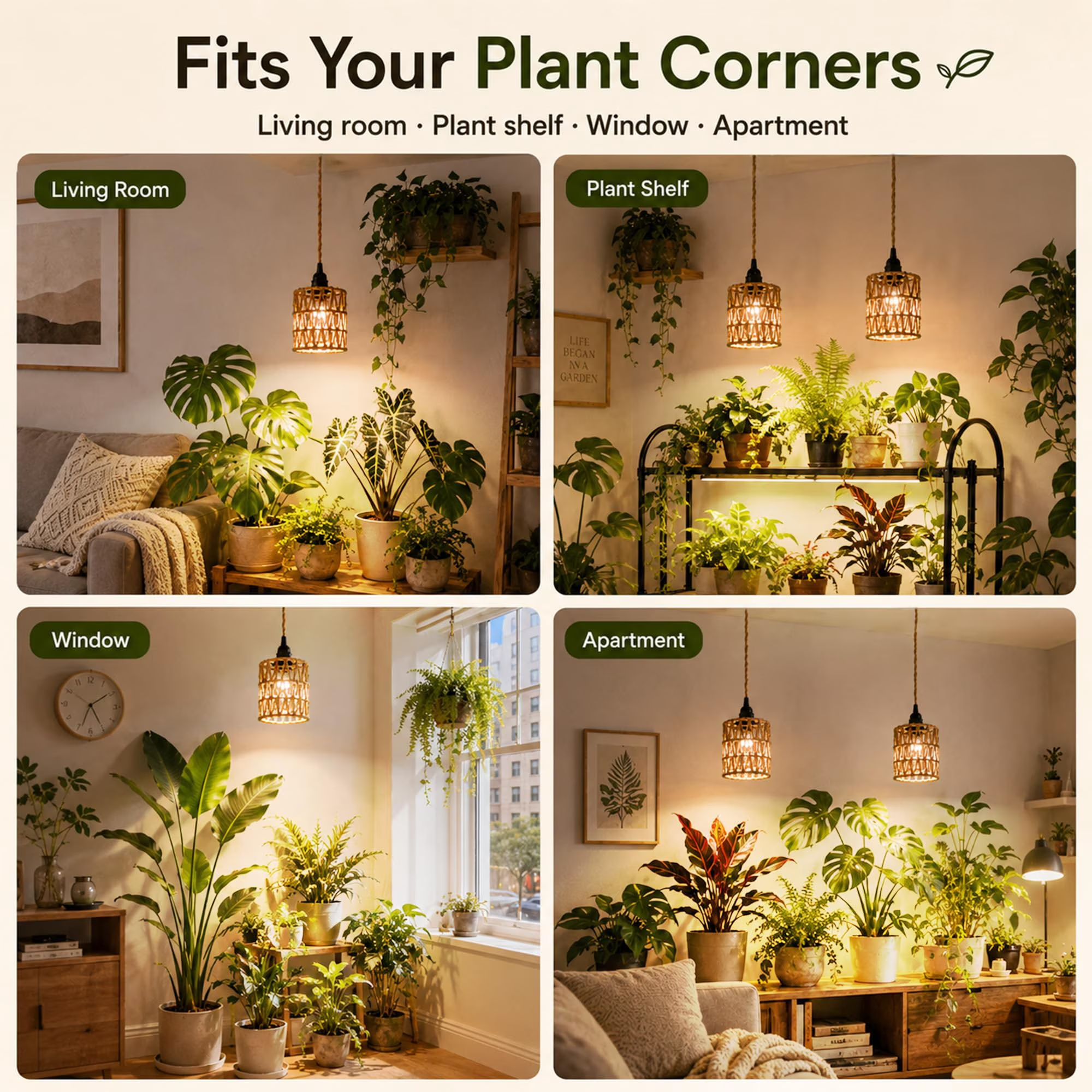 2 Pack Boho Rattan LED Grow Light, 10W Full Spectrum, 24H Timer, 15FT Cord, 110-220V, Hanging Plant Lamp for Indoor Tall Plants