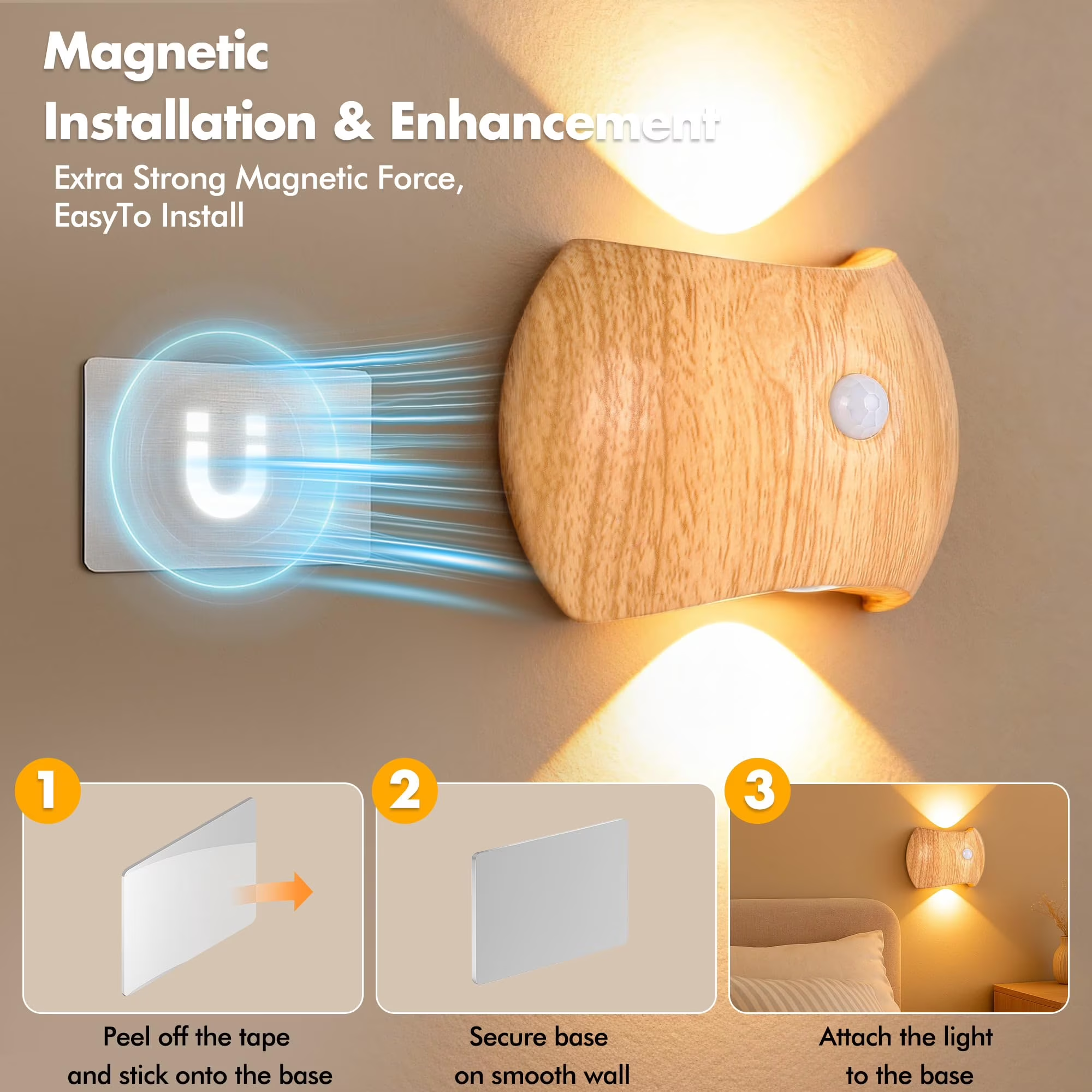 Rechargeable Motion Sensor Wall Sconce, 2 Pack Wireless LED Light with Magnetic Mount, up and Down Lighting for Bedroom, Hallway and Stair