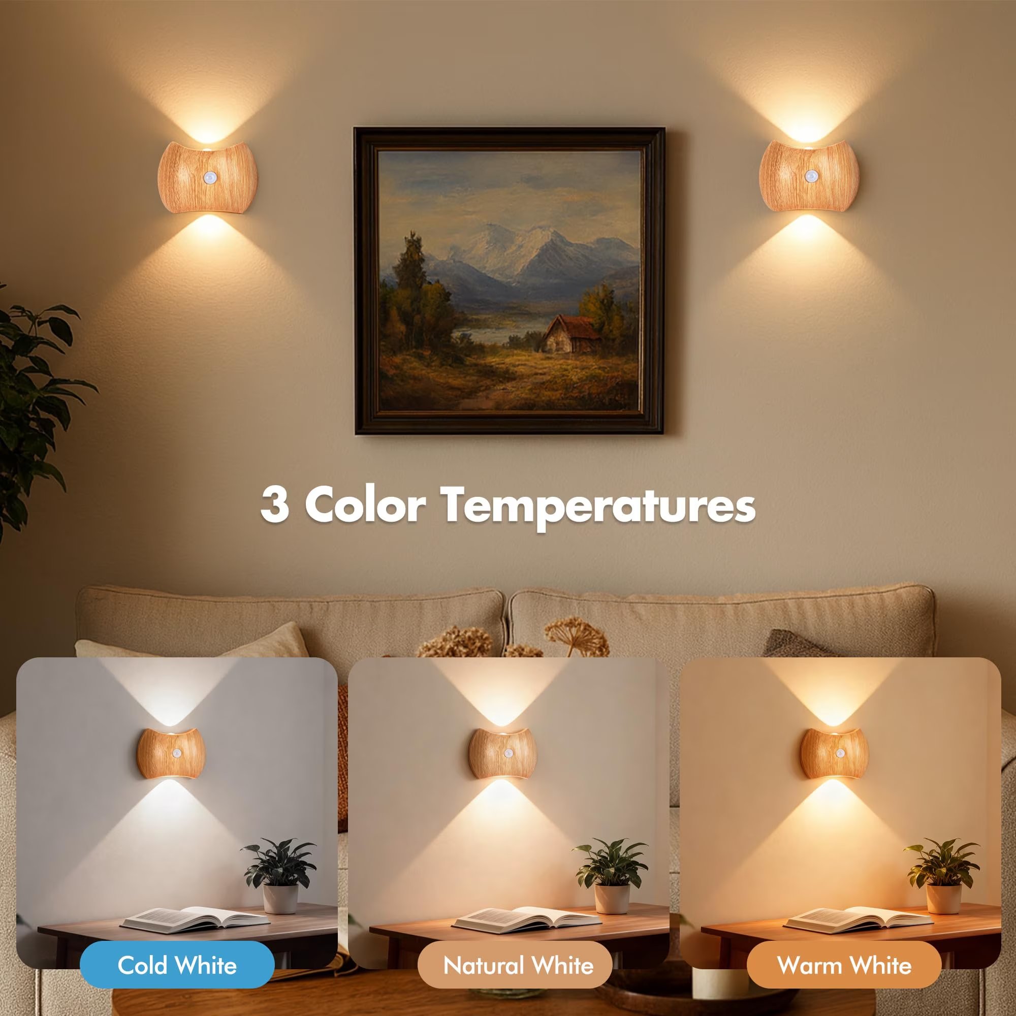 Rechargeable Motion Sensor Wall Sconce, 2 Pack Wireless LED Light with Magnetic Mount, up and Down Lighting for Bedroom, Hallway and Stair