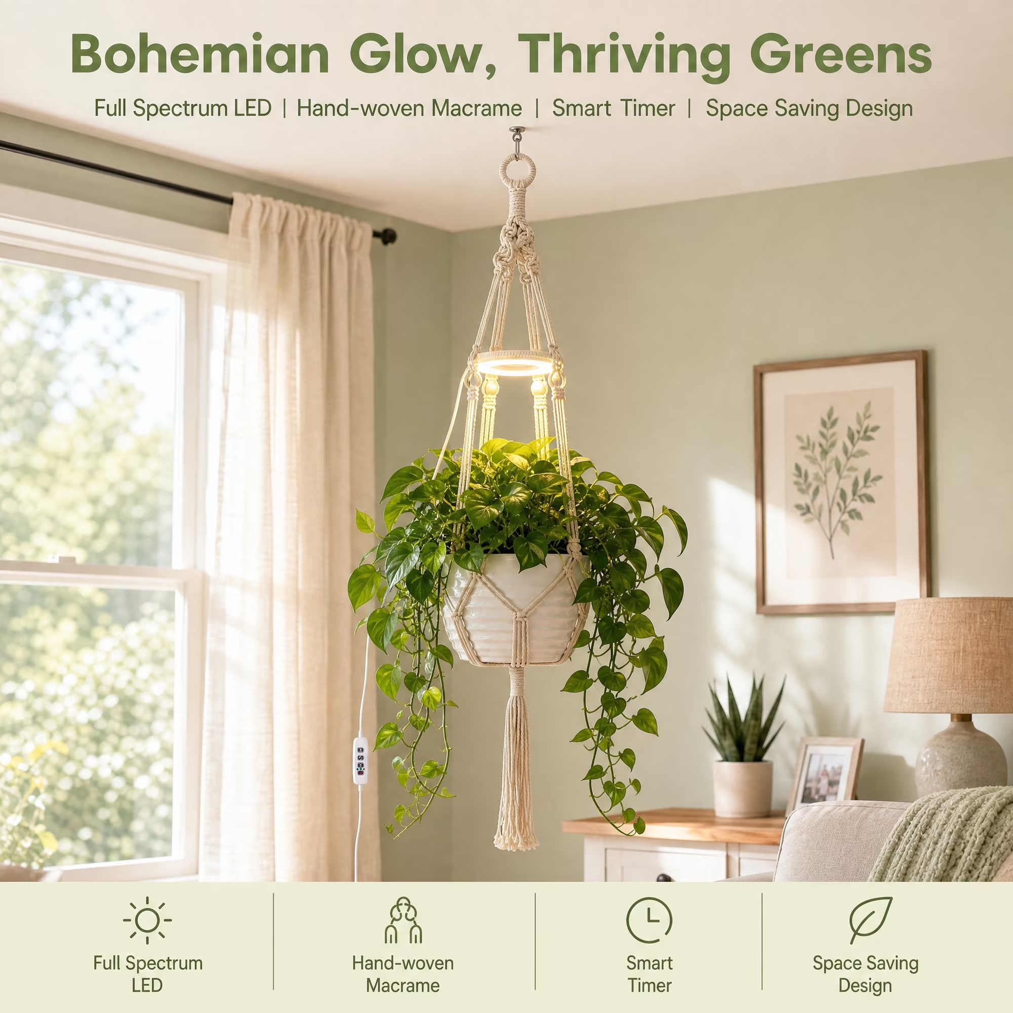 2 Pack Hanging Grow Light for Indoor Plants, Full Spectrum USB Powered with Timer