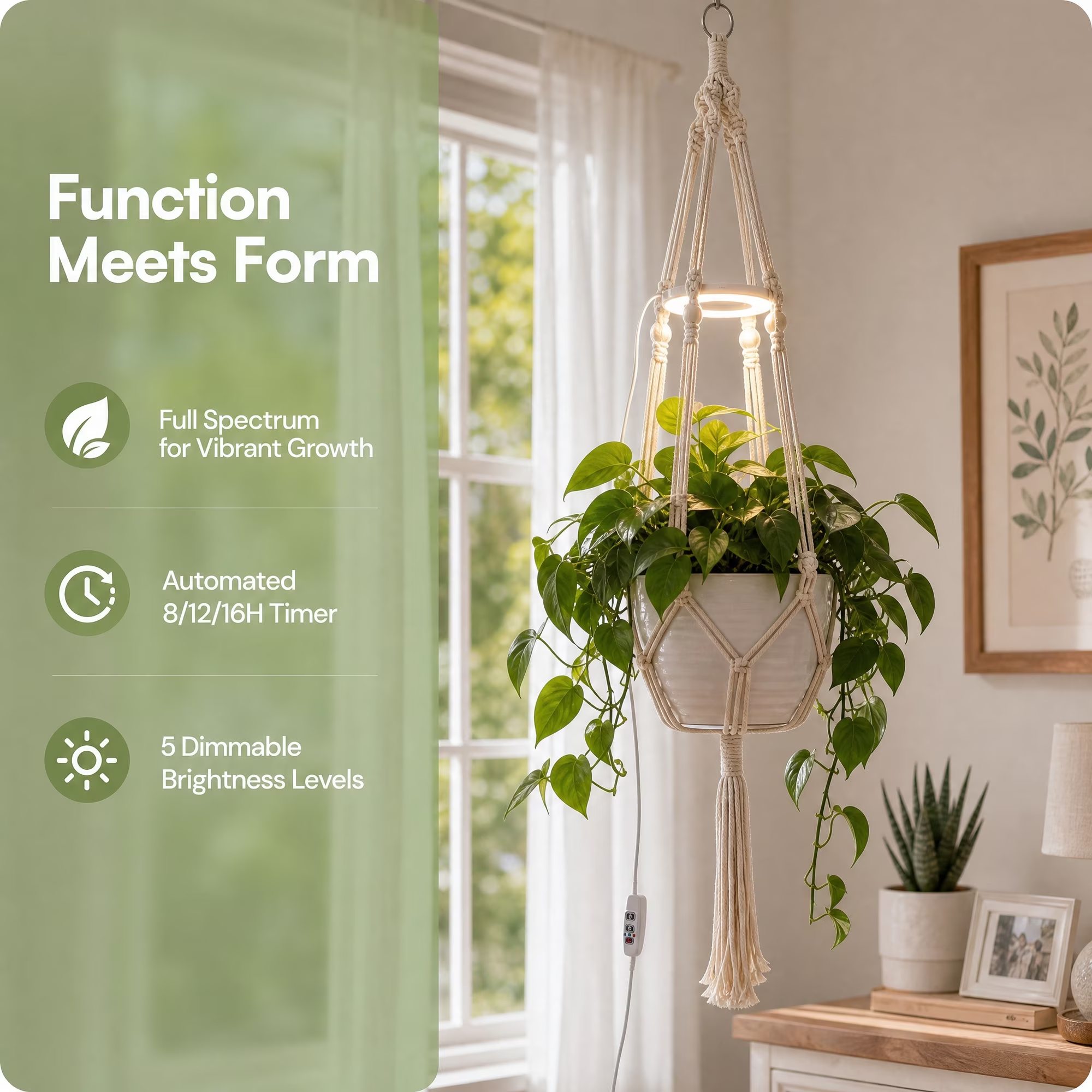 2 Pack Hanging Grow Light for Indoor Plants, Full Spectrum USB Powered with Timer