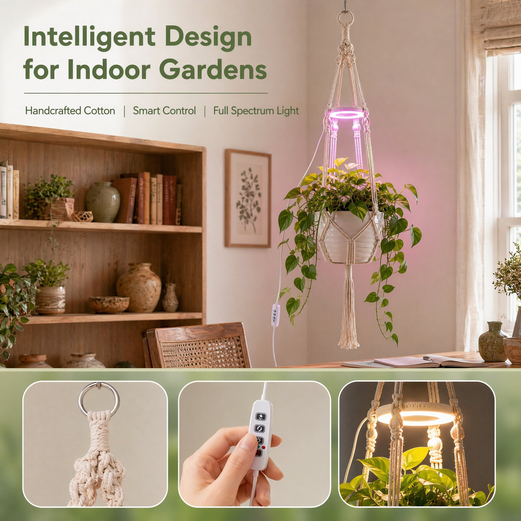 2 Pack Hanging Grow Light for Indoor Plants, Full Spectrum USB Powered with Timer