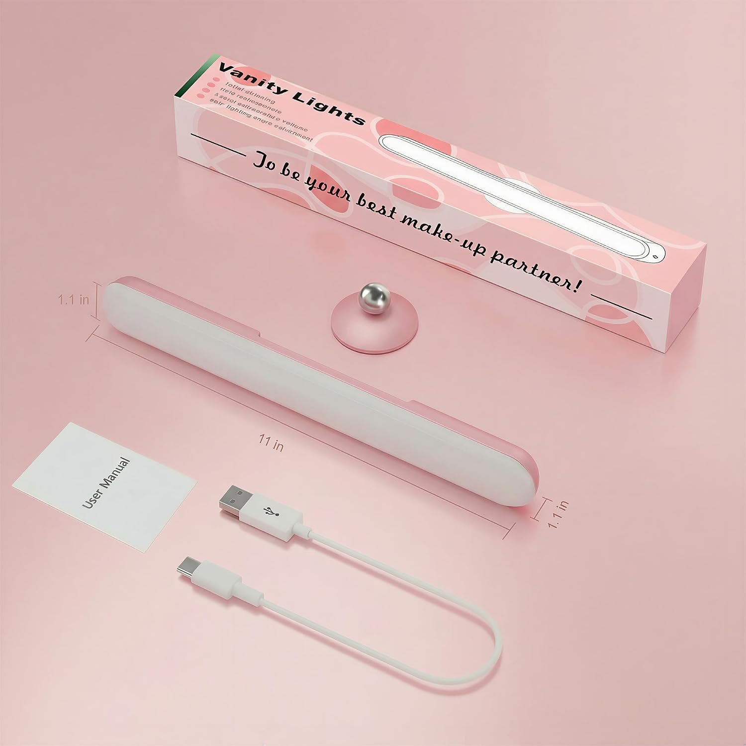 Benreom Wireless Vanity Light for Mirror, Rechargeable LED Bar, Pink