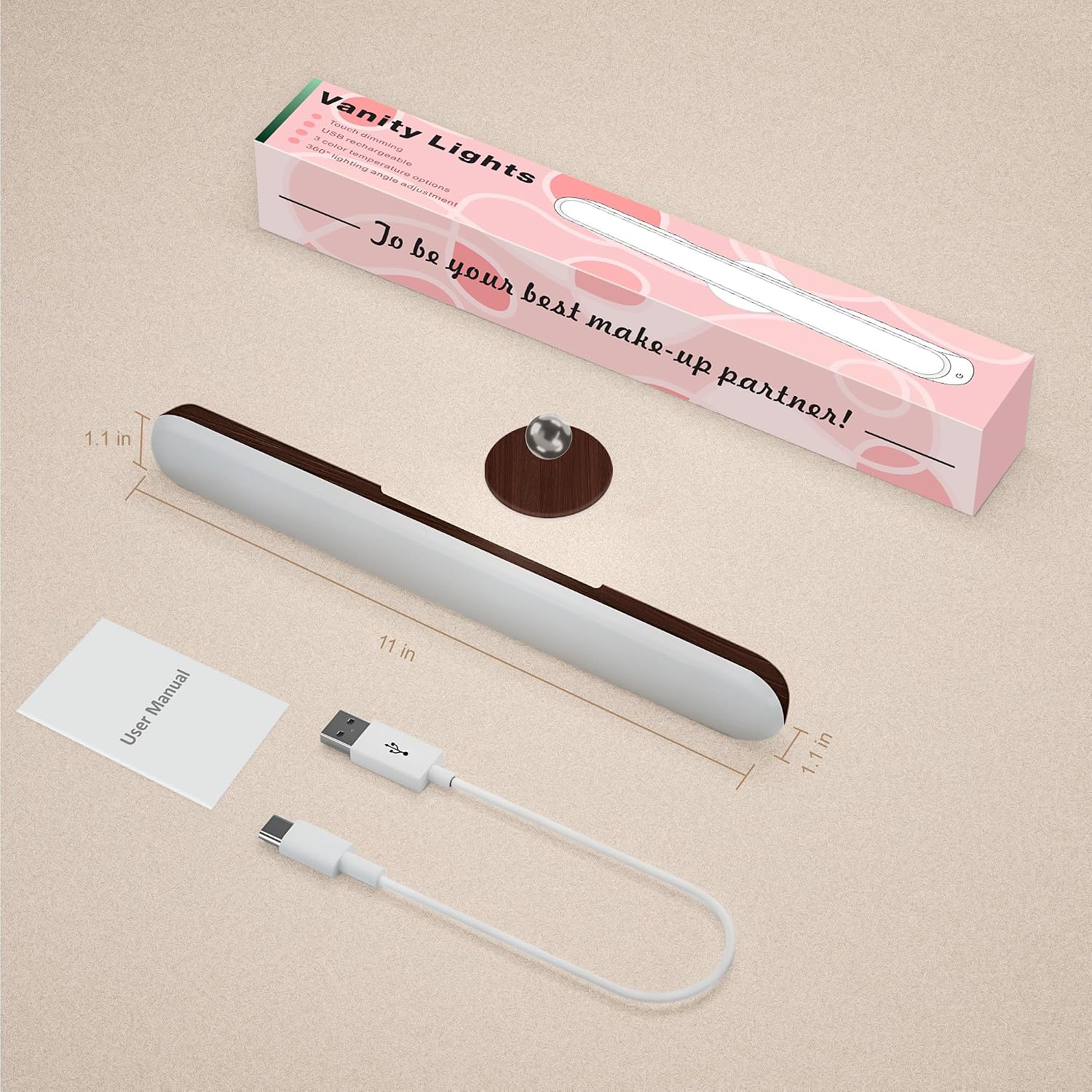 Benreom Rechargeable Vanity Light for Mirror, Dark Wood