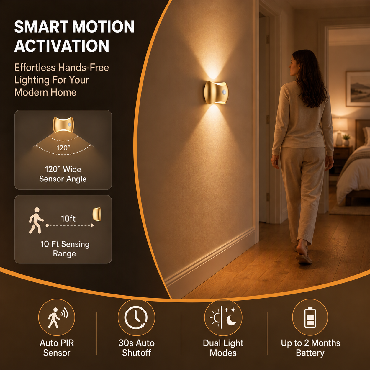 Rechargeable Motion Sensor Wall Sconce, 2 Pack Wireless LED Light with Magnetic Mount, up and Down Lighting for Bedroom, Hallway and Stair