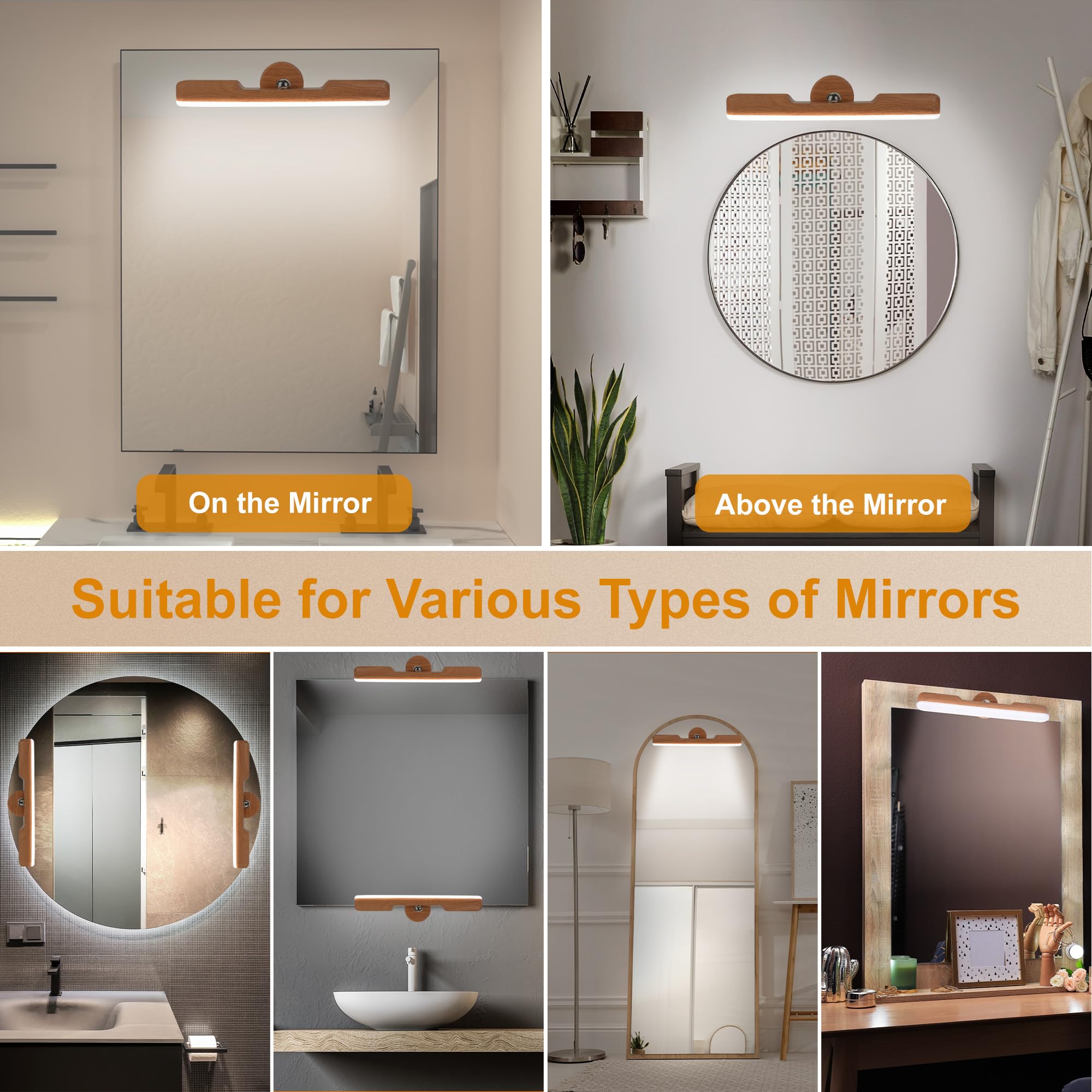 2 Pack Vanity Lights for Mirror with 4000mAh Rechargeable Battery, Touch Control Dimmable Makeup Light with 3 Color Modes, Magnetic 360° Adjustable LED Bathroom Mirror Light, Light Wood