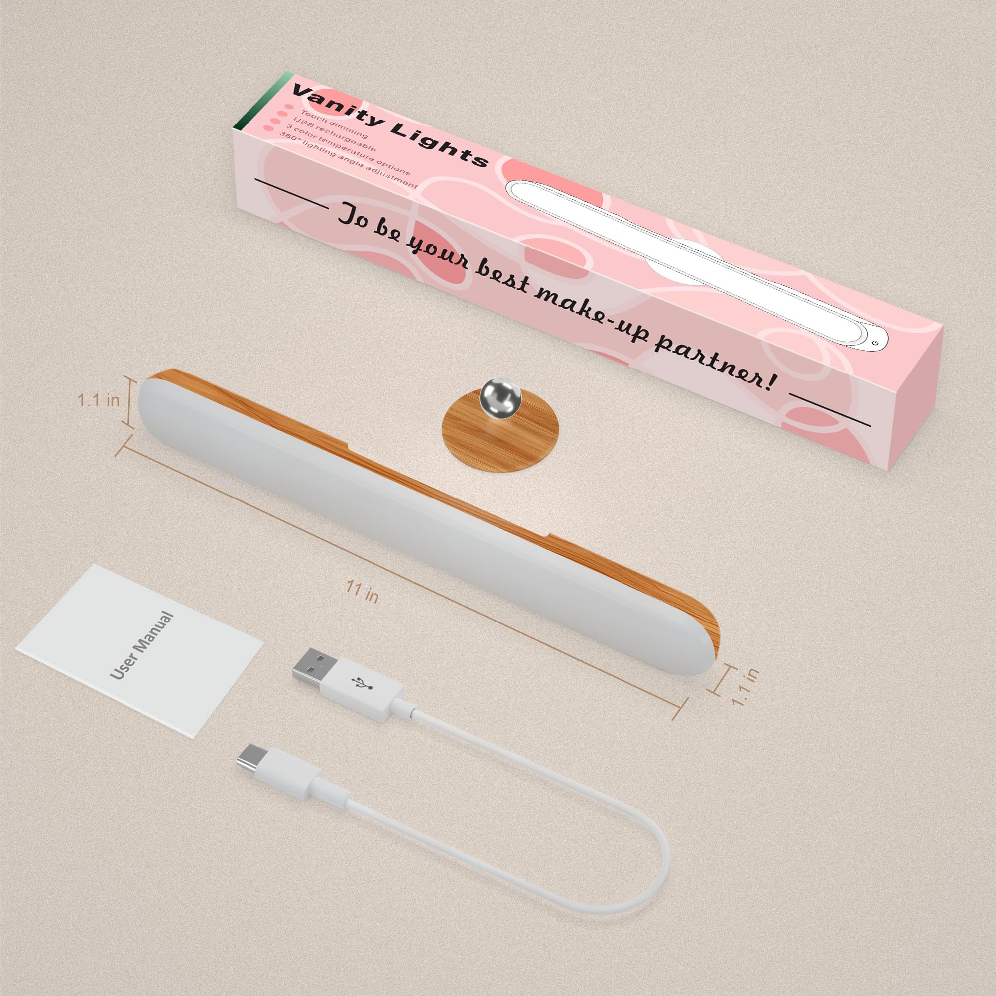 2 Pack Vanity Lights for Mirror with 4000mAh Rechargeable Battery, Touch Control Dimmable Makeup Light with 3 Color Modes, Magnetic 360° Adjustable LED Bathroom Mirror Light, Light Wood