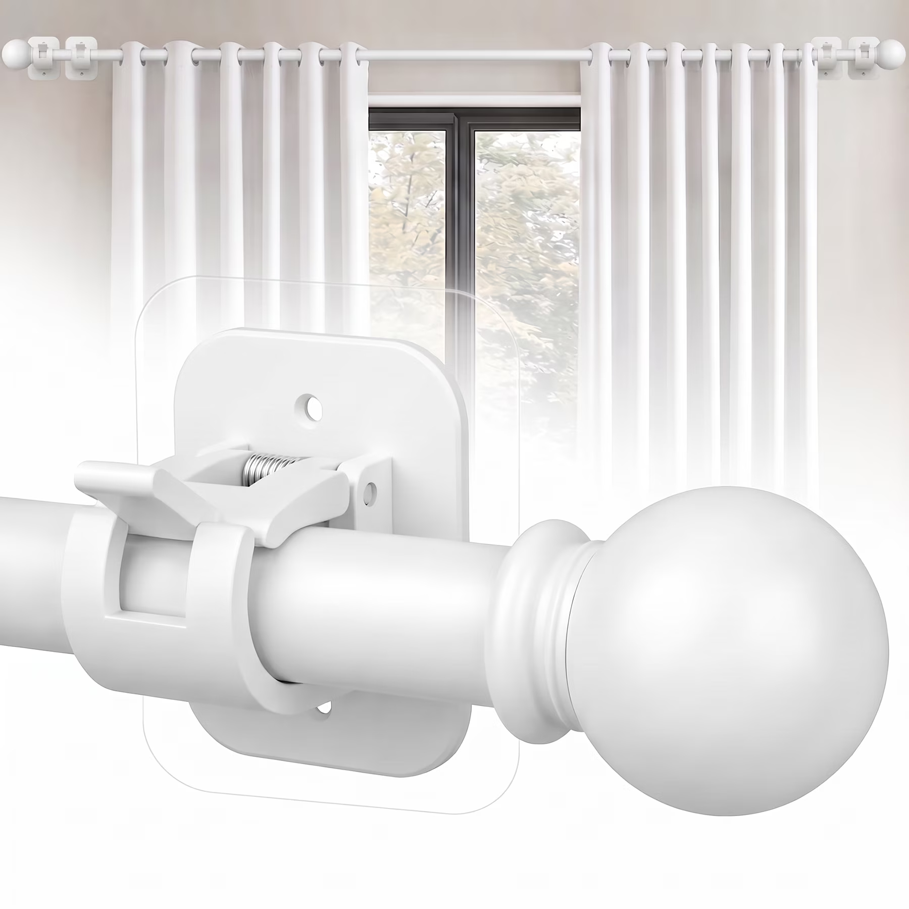 Curtain Rods No Drilling for Windows 32 to 96 Inch, 5/8 Inch Diameter Drapey Pole with No Drill Curtain Rod Brackets, Renter Friendly Cortineros Para Ventanas (White)