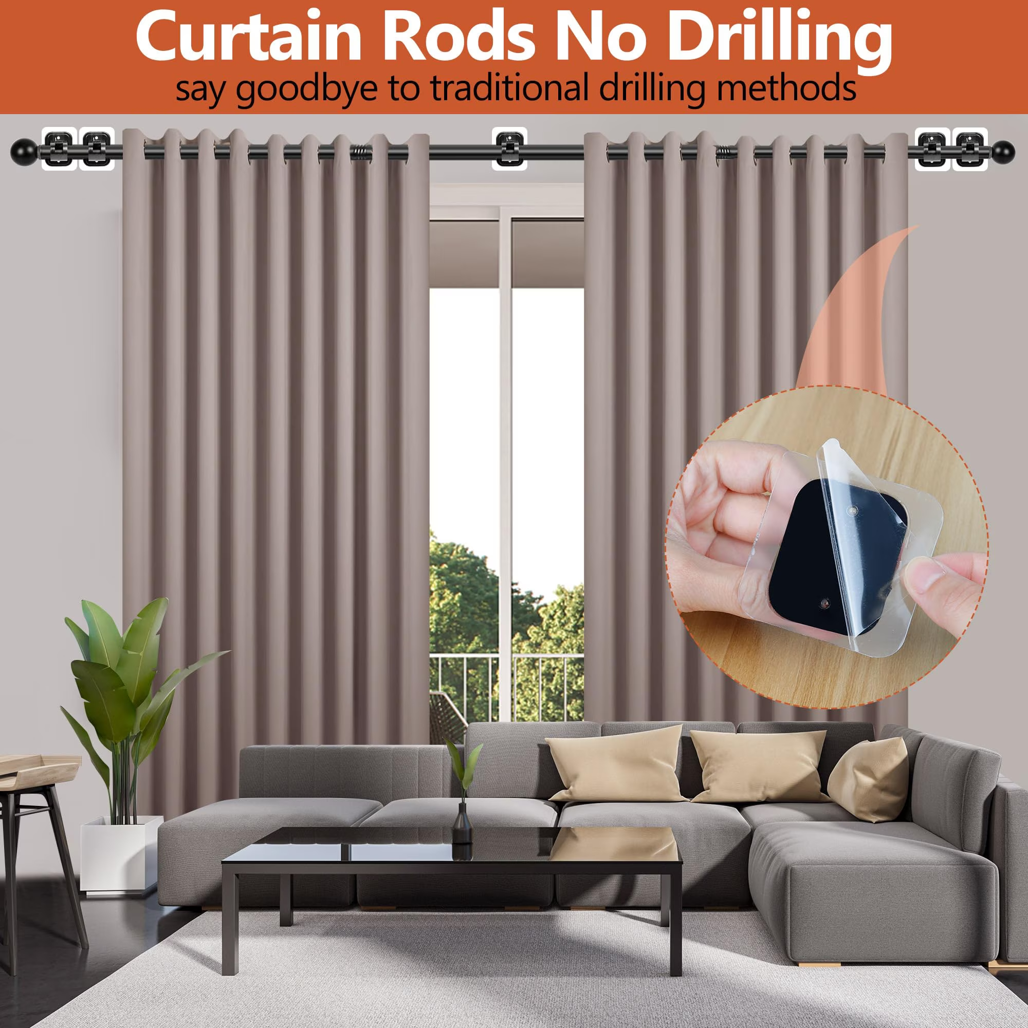Curtain Rods No Drilling for Windows 32 to 64 Inch, 5/8 Inch Diameter Drapey Pole with No Drill Curtain Rod Brackets, Renter Friendly Cortineros Para Ventanas (Black)