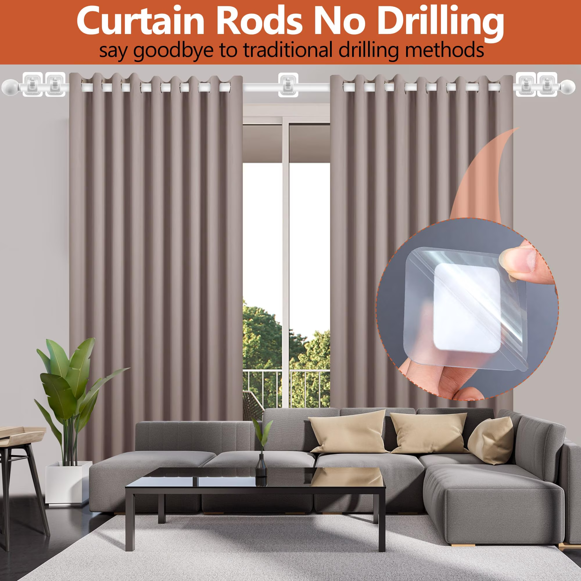 Curtain Rods No Drilling for Windows 32 to 64 Inch, 5/8 Inch Diameter Drapey Pole with No Drill Curtain Rod Brackets, Renter Friendly Cortineros Para Ventanas (White)