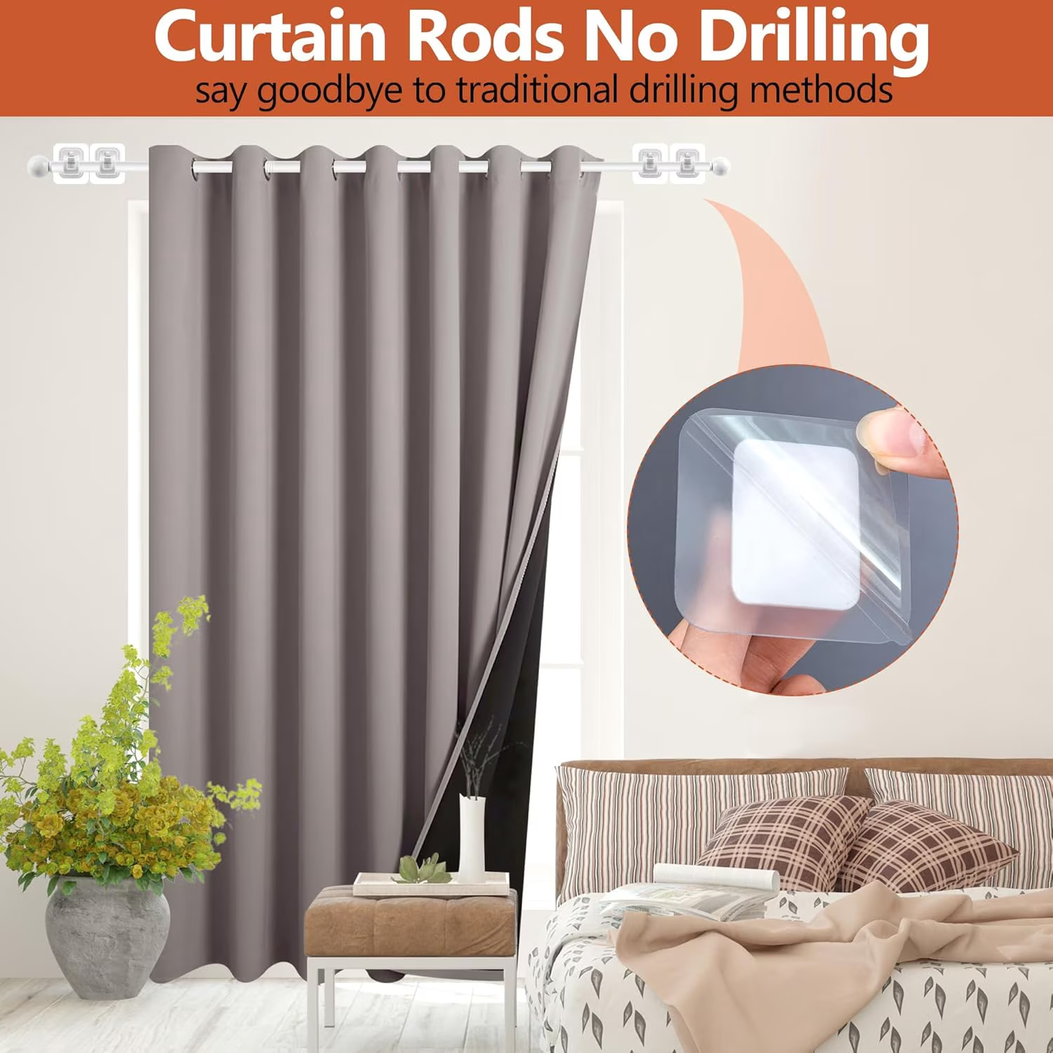 Curtain Rods No Drilling for Windows 32 to 48 Inch, 5/8 Inch Diameter Drapey Pole with No Drill Curtain Rod Brackets, Renter Friendly Cortineros Para Ventanas (White)