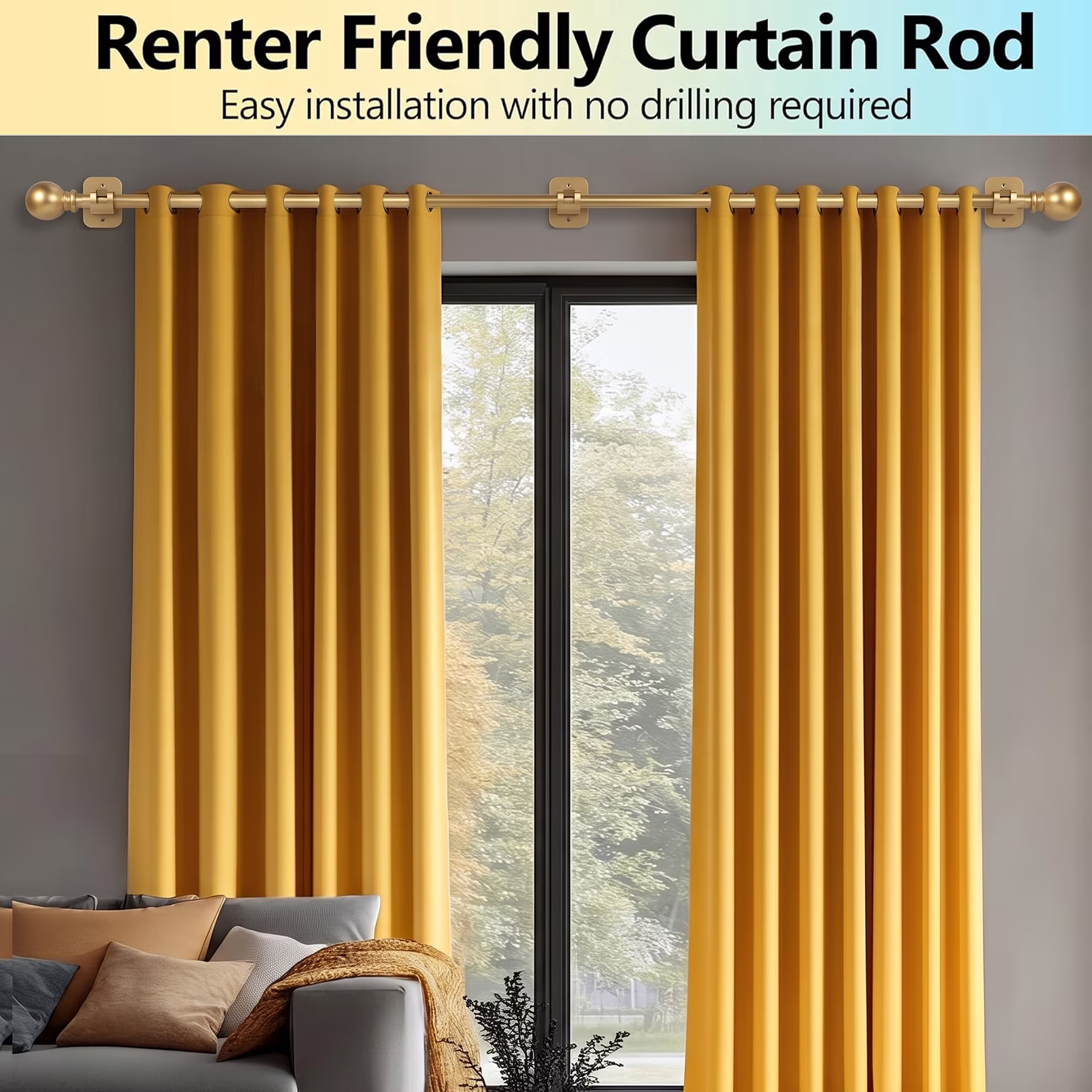 Curtain Rods No Drilling for Windows 32 to 128 Inch, 5/8 Inch Diameter Drapey Pole with No Drill Curtain Rod Brackets, Renter Friendly Cortineros Para Ventanas (Gold)