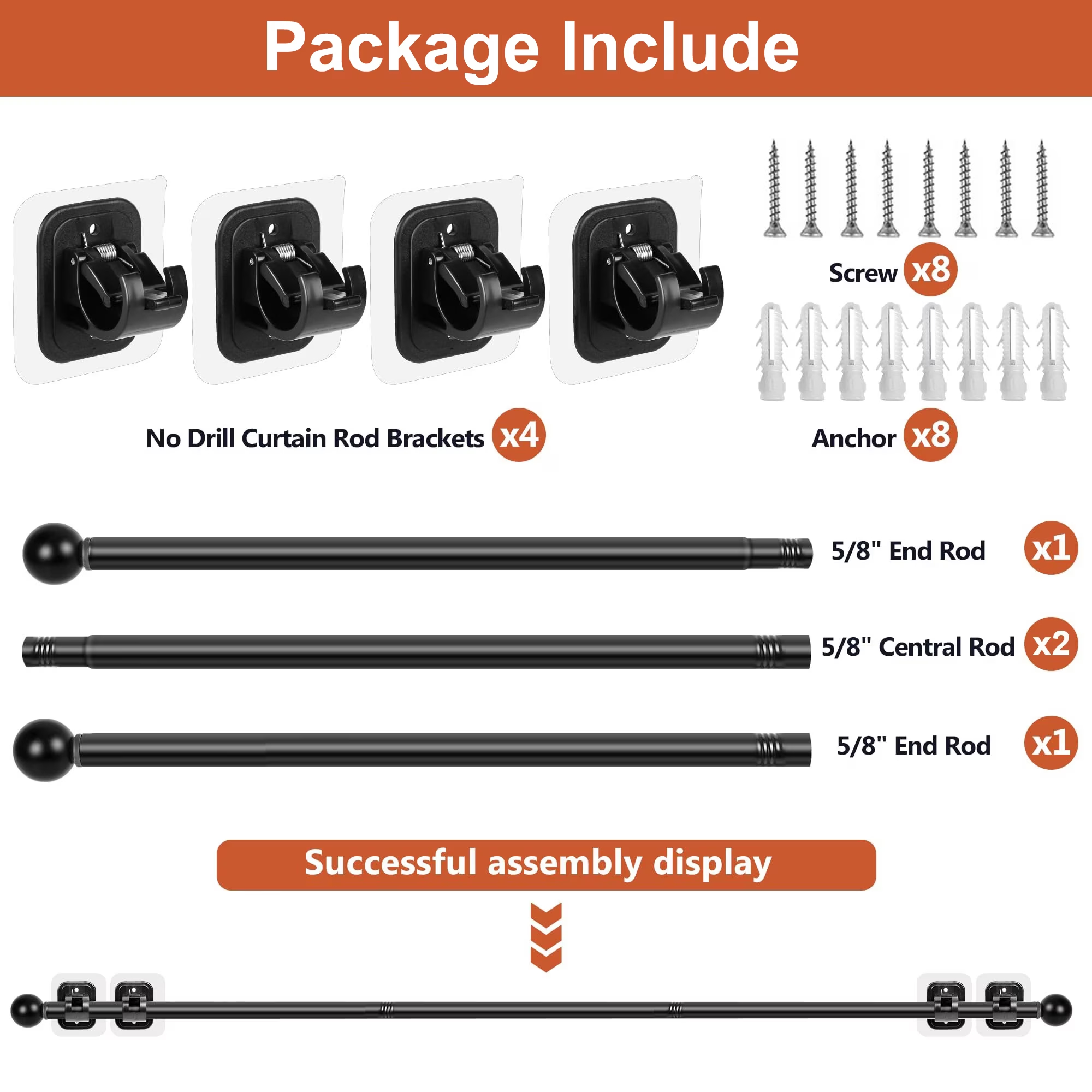 Curtain Rods No Drilling for Windows 32 to 64 Inch, 5/8 Inch Diameter Drapey Pole with No Drill Curtain Rod Brackets, Renter Friendly Cortineros Para Ventanas (Black)