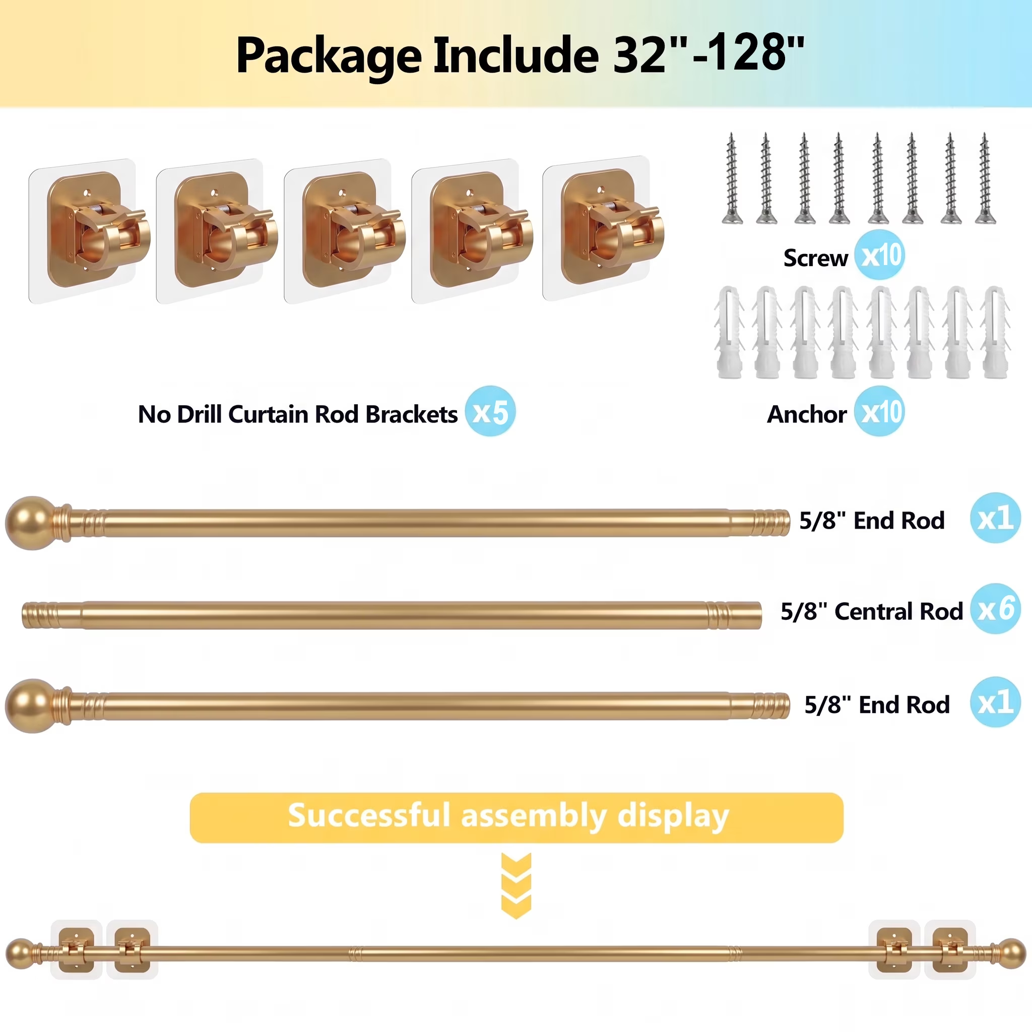 Curtain Rods No Drilling for Windows 32 to 128 Inch, 5/8 Inch Diameter Drapey Pole with No Drill Curtain Rod Brackets, Renter Friendly Cortineros Para Ventanas (Gold)