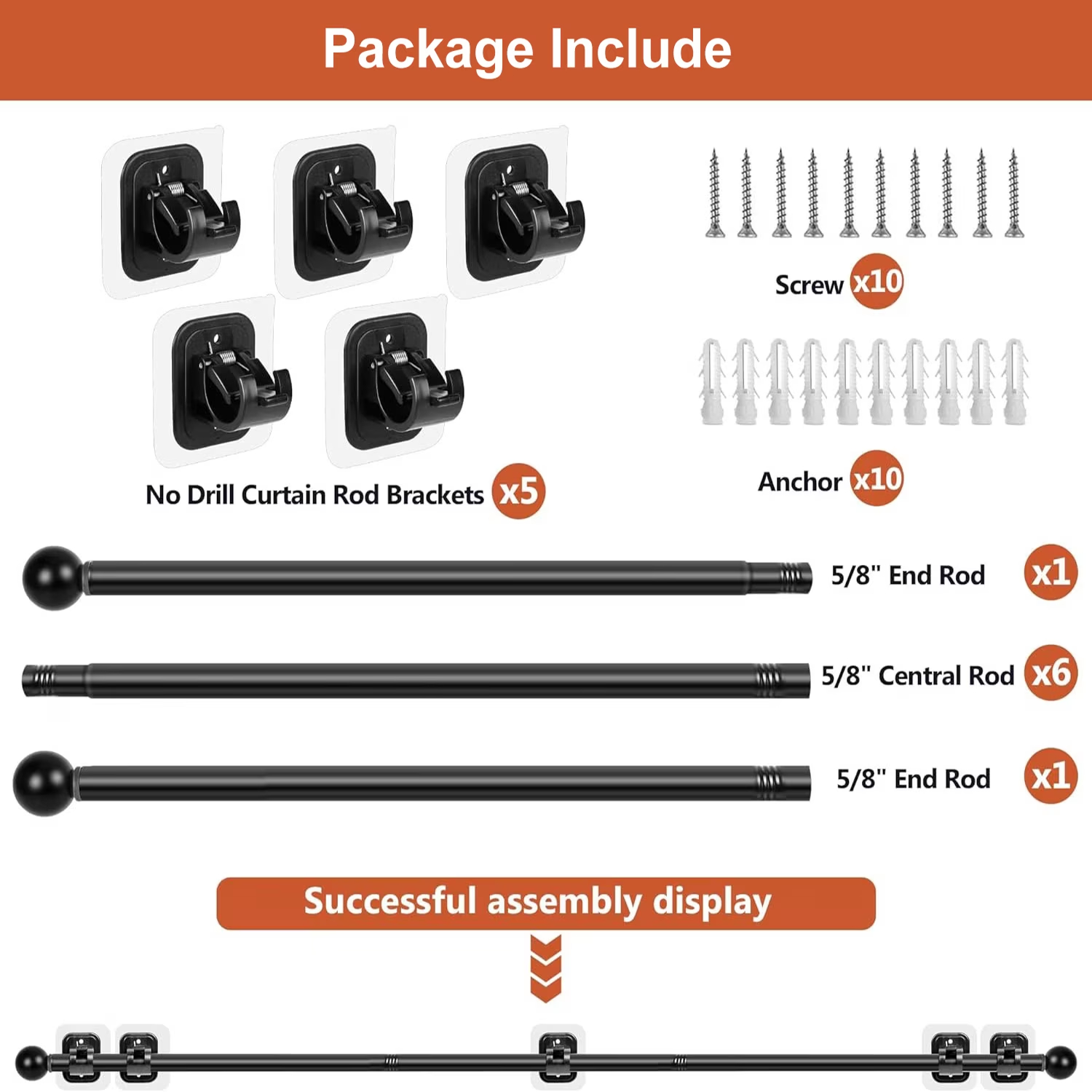 Curtain Rods No Drilling for Windows 48 to 128 Inch, 5/8 Inch Diameter Drapey Pole with No Drill Curtain Rod Brackets, Renter Friendly Cortineros Para Ventanas (Black)