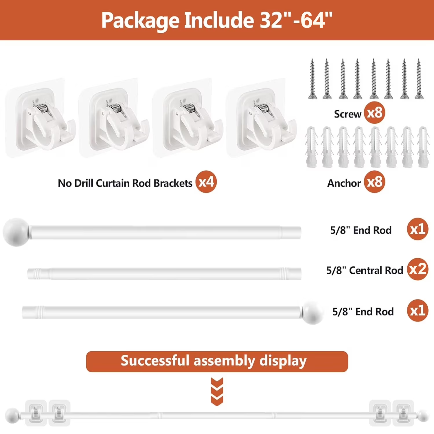 Curtain Rods No Drilling for Windows 32 to 64 Inch, 5/8 Inch Diameter Drapey Pole with No Drill Curtain Rod Brackets, Renter Friendly Cortineros Para Ventanas (White)