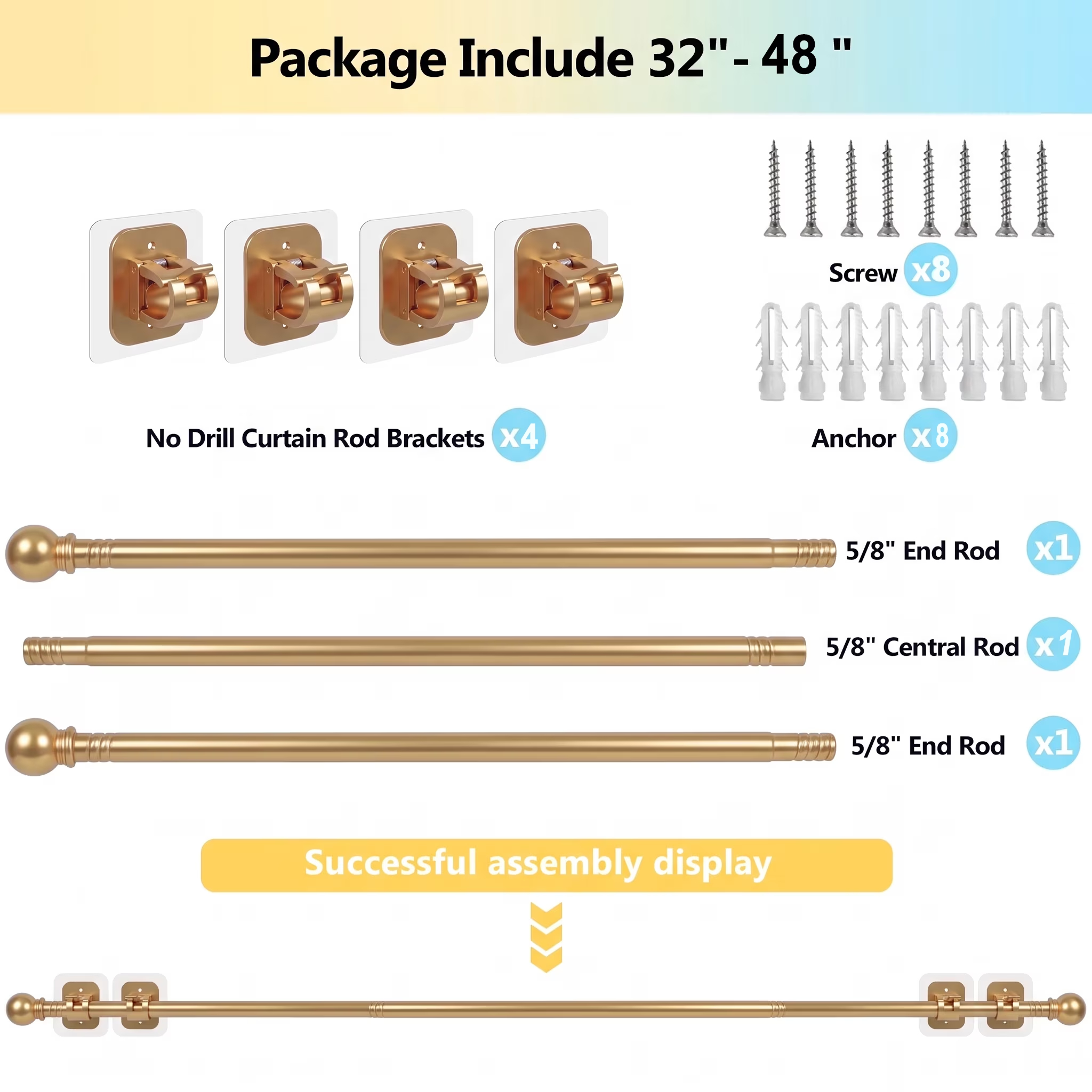 Curtain Rods No Drilling for Windows 32 to 48 Inch, 5/8 Inch Diameter Drapey Pole with No Drill Curtain Rod Brackets, Renter Friendly Cortineros Para Ventanas (Gold)