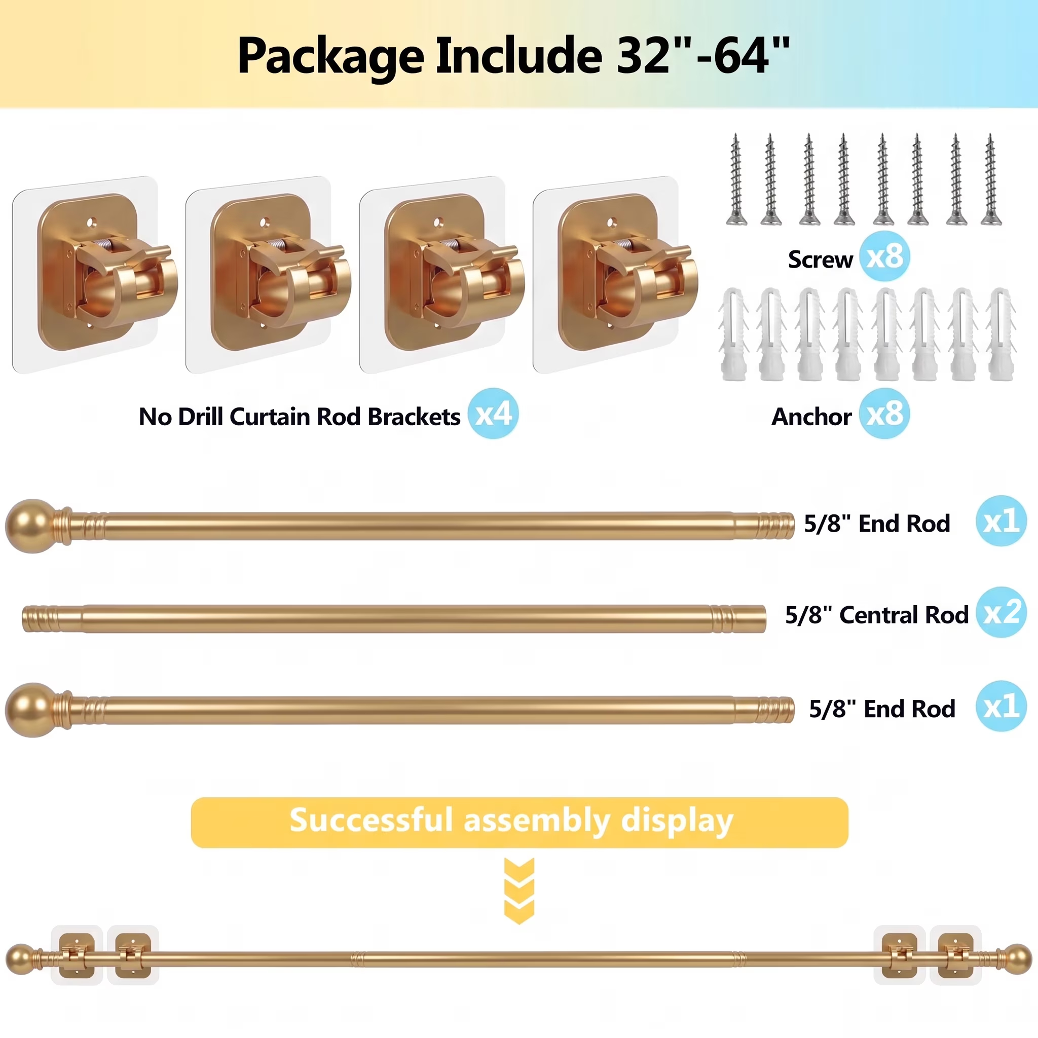 Curtain Rods No Drilling for Windows 32 to 64 Inch, 5/8 Inch Diameter Drapey Pole with No Drill Curtain Rod Brackets, Renter Friendly Cortineros Para Ventanas (Gold)