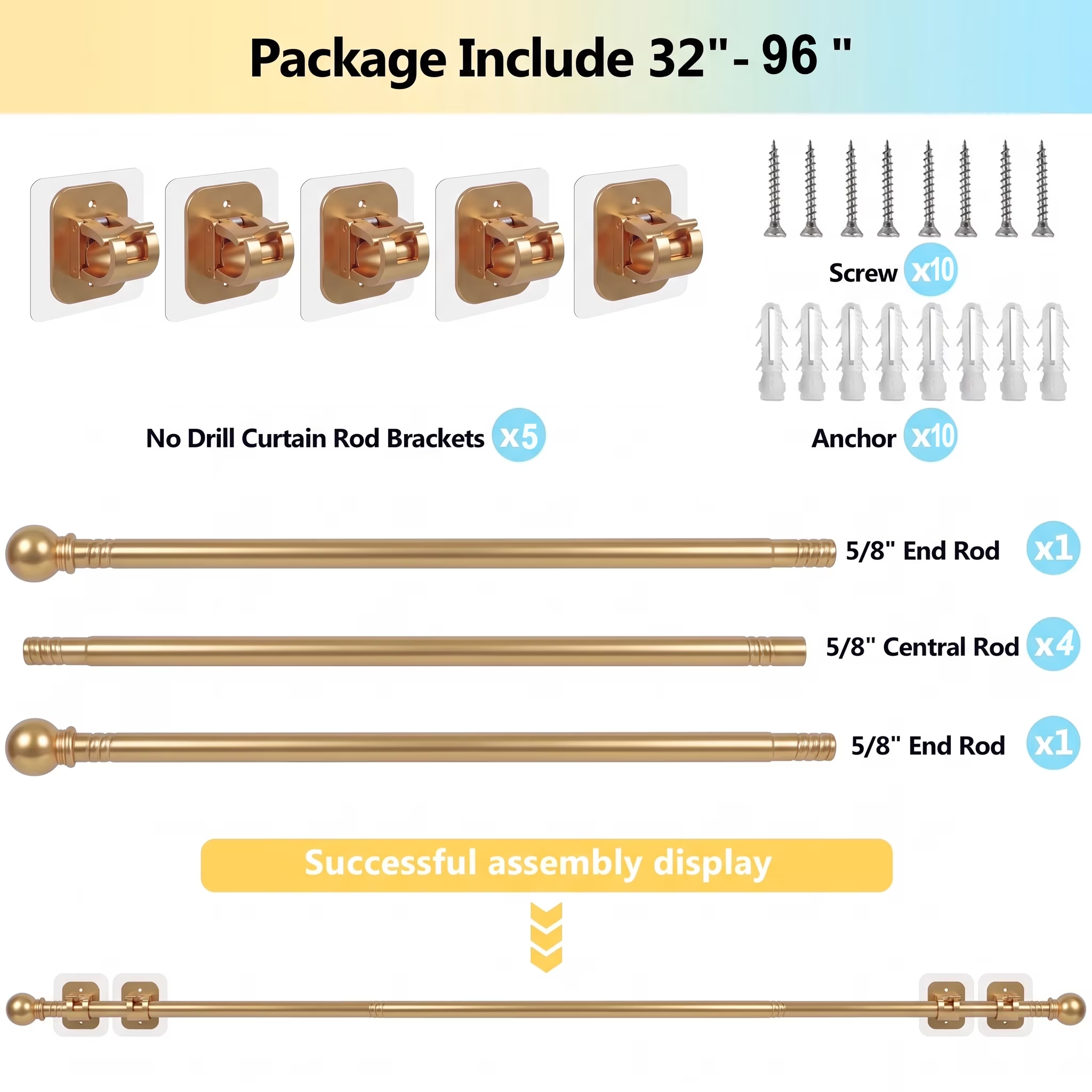 Curtain Rods No Drilling for Windows 32 to 96 Inch, 5/8 Inch Diameter Drapey Pole with No Drill Curtain Rod Brackets, Renter Friendly Cortineros Para Ventanas (Gold)