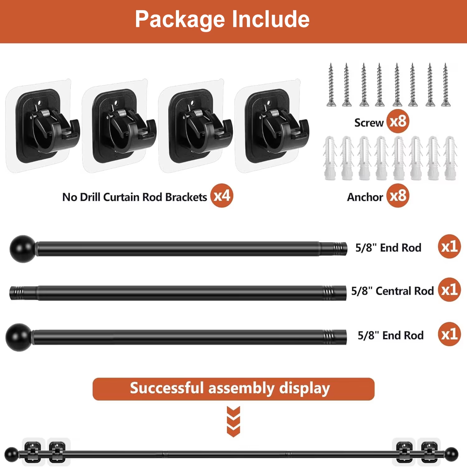 Curtain Rods No Drilling for Windows 32 to 48 Inch, 5/8 Inch Diameter Drapey Pole with No Drill Curtain Rod Brackets, Renter Friendly Cortineros Para Ventanas (Black)