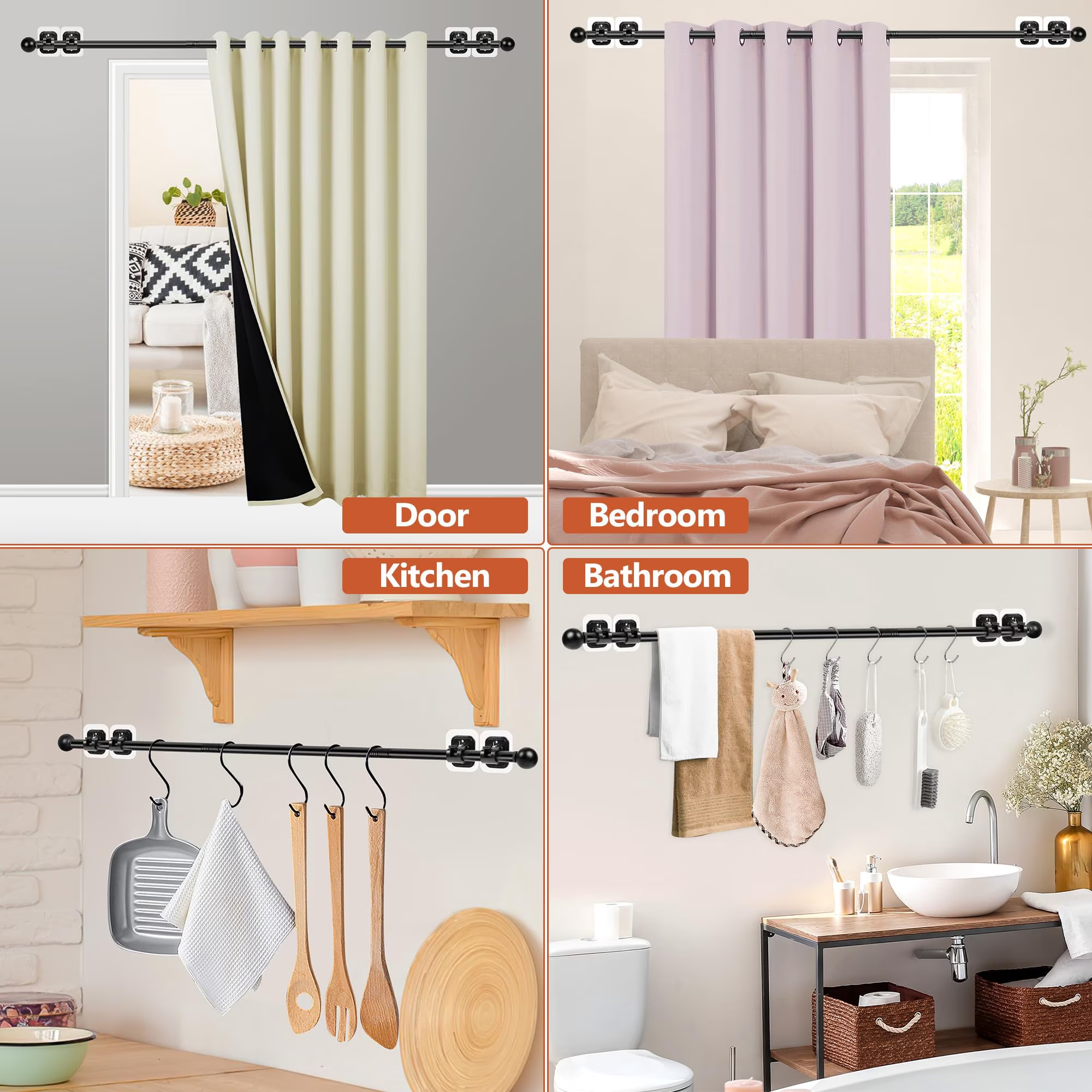 Curtain Rods No Drilling for Windows 32 to 64 Inch, 5/8 Inch Diameter Drapey Pole with No Drill Curtain Rod Brackets, Renter Friendly Cortineros Para Ventanas (Black)