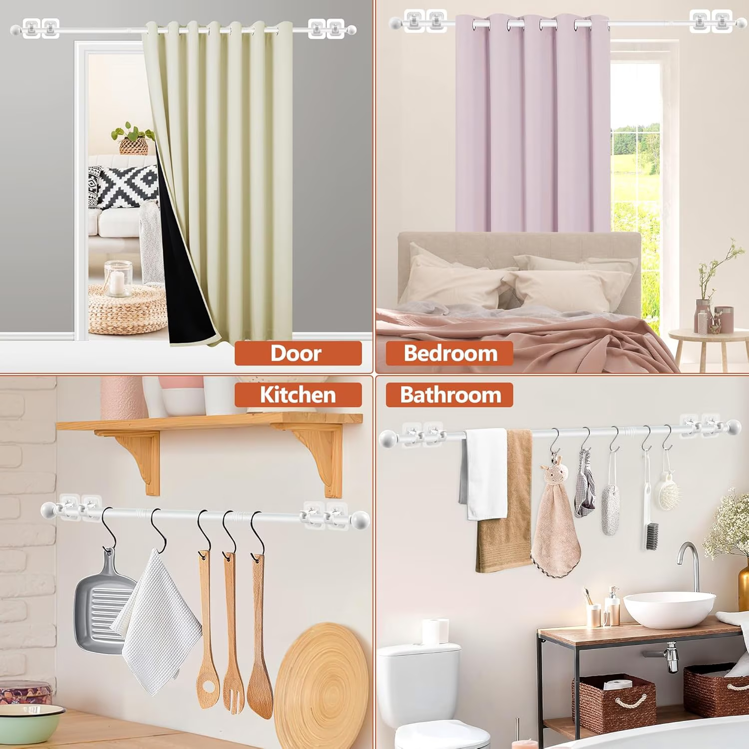 Curtain Rods No Drilling for Windows 32 to 48 Inch, 5/8 Inch Diameter Drapey Pole with No Drill Curtain Rod Brackets, Renter Friendly Cortineros Para Ventanas (White)