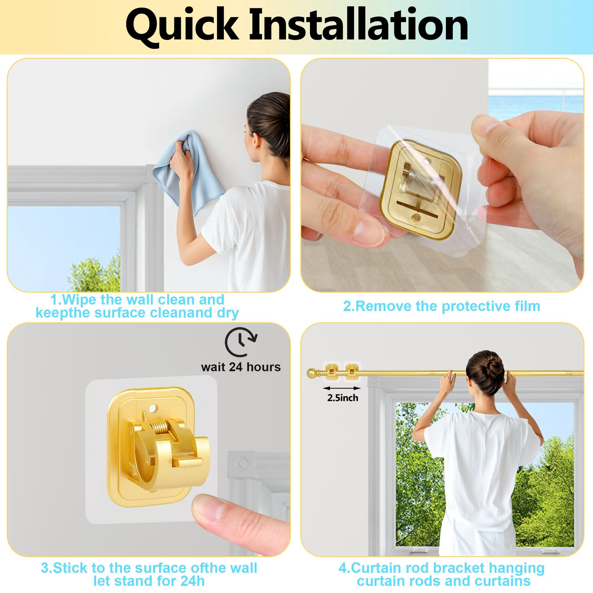 Curtain Rods No Drilling for Windows 32 to 48 Inch, 5/8 Inch Diameter Drapey Pole with No Drill Curtain Rod Brackets, Renter Friendly Cortineros Para Ventanas (Gold)