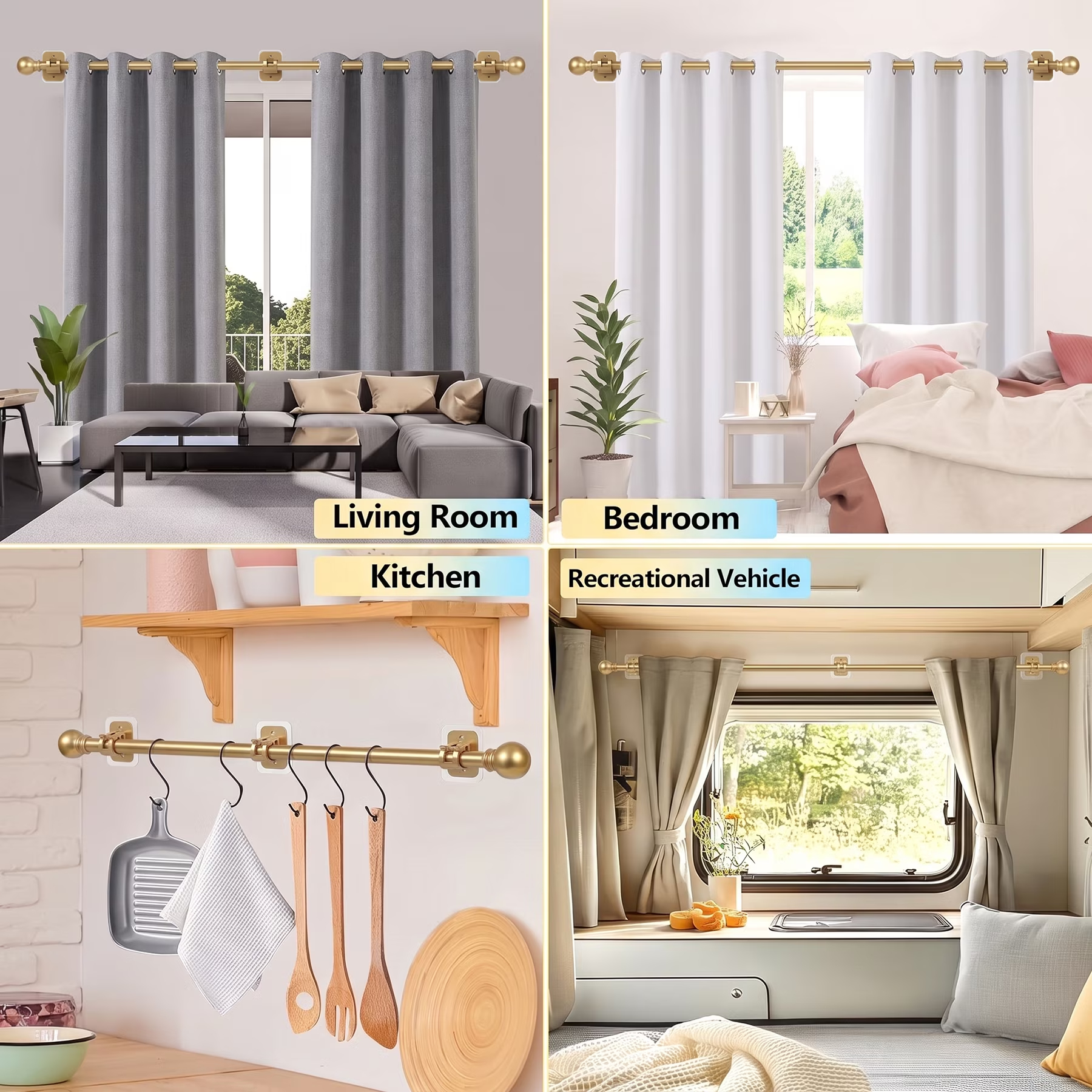 Curtain Rods No Drilling for Windows 32 to 96 Inch, 5/8 Inch Diameter Drapey Pole with No Drill Curtain Rod Brackets, Renter Friendly Cortineros Para Ventanas (Gold)