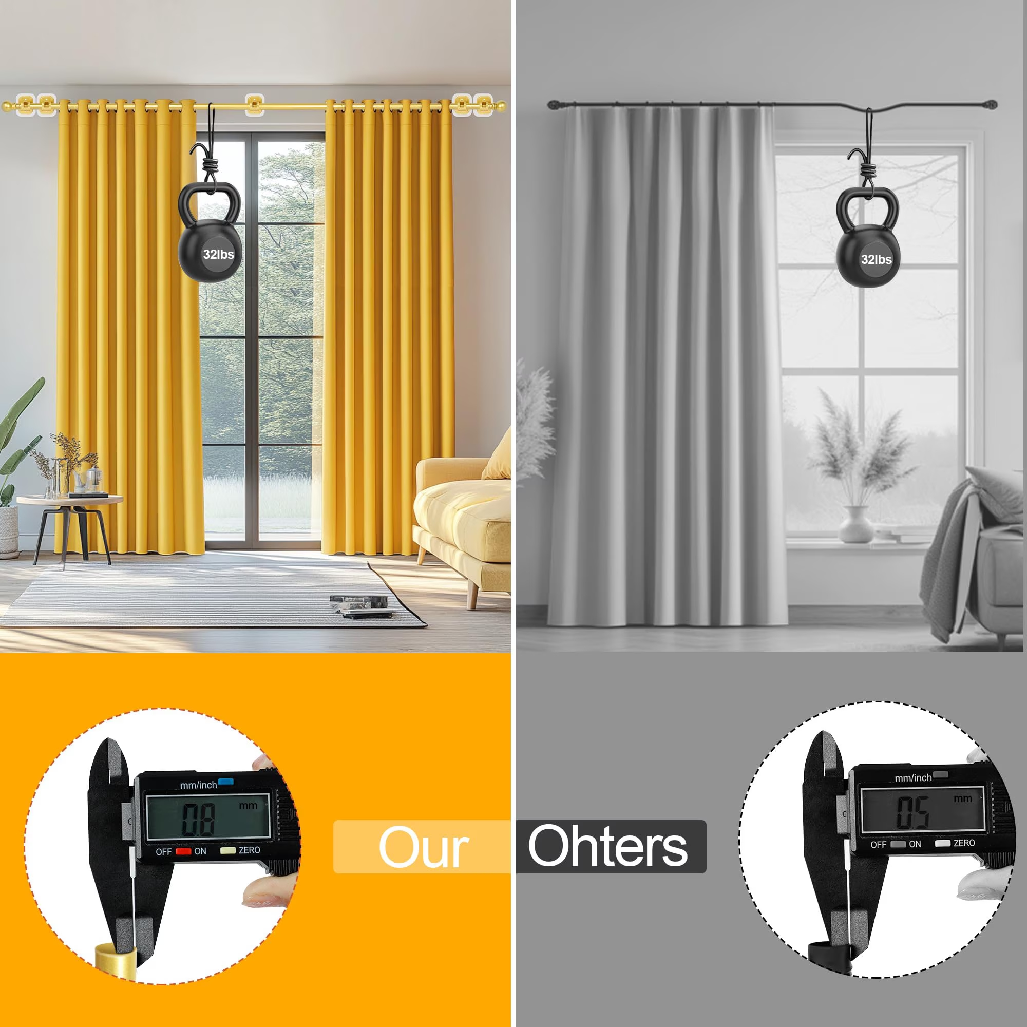 Curtain Rods No Drilling for Windows 32 to 48 Inch, 5/8 Inch Diameter Drapey Pole with No Drill Curtain Rod Brackets, Renter Friendly Cortineros Para Ventanas (Gold)