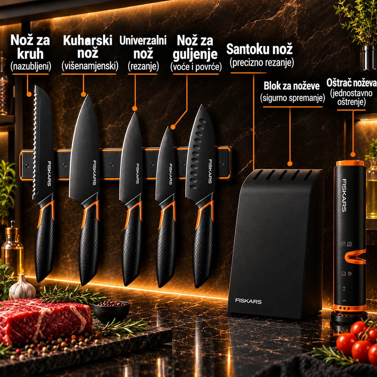 👩‍🍳👩‍🍳Ograničeno izdanje: FISKARS® set noževa od 5 dijelova (s blokom za noževe) – serija FISKARS EDGE, oštri kuhinjski noževi + oštrač🔪🔪