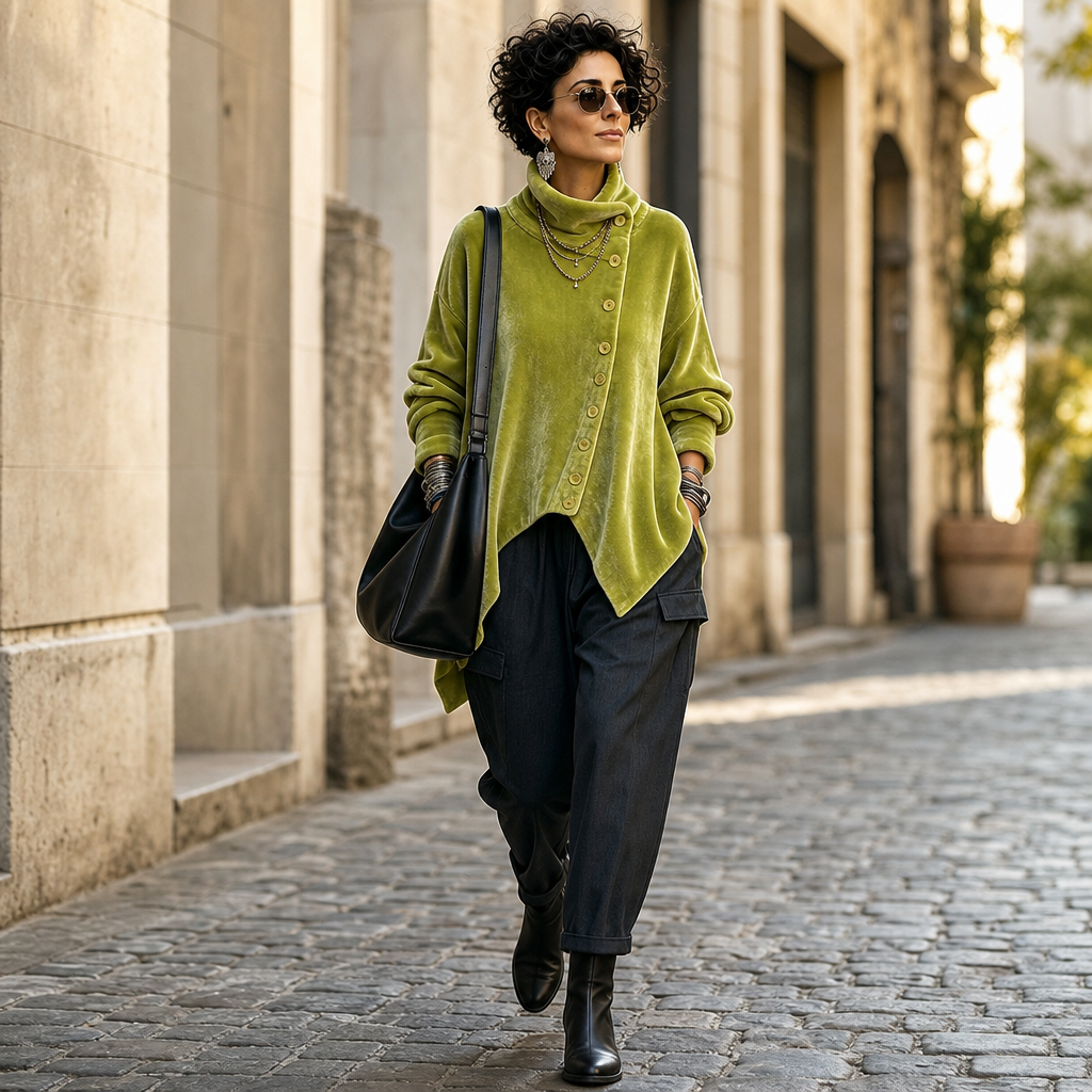 Asymmetric Button Velvet Turtleneck Top
