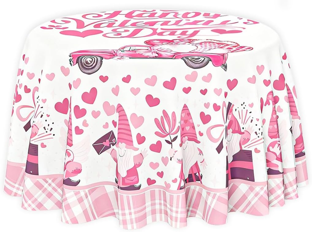 Pink Gnome Heart Print Round Tablecloth 60 Inch