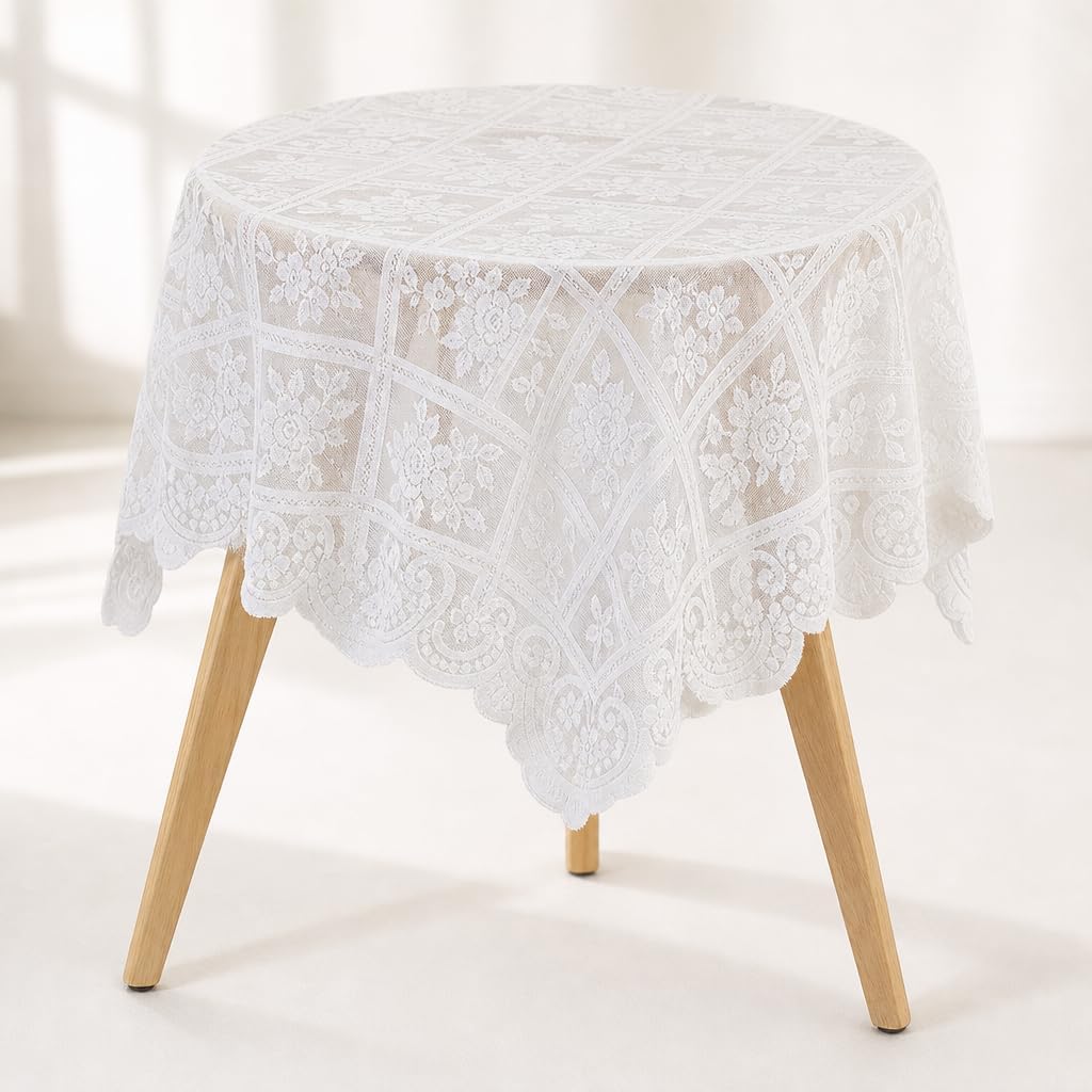 White Square Lace Tablecloth, Rose Embroidery Crochet Cover