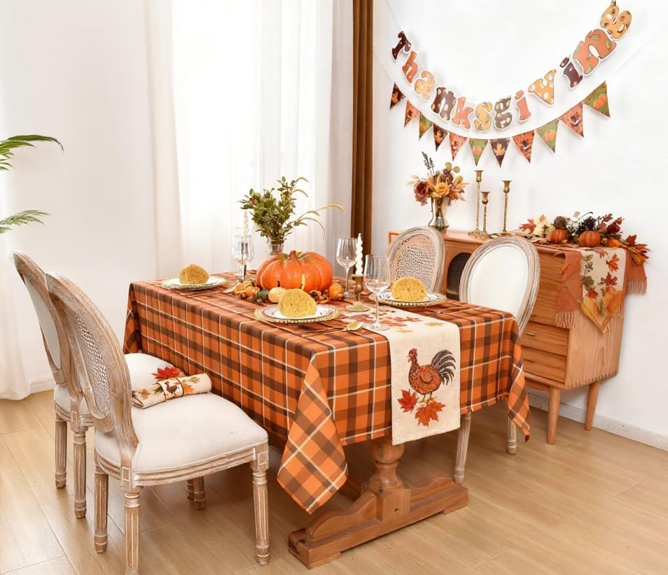 Waterproof Gingham Plaid Tablecloth 52×70 Inch, Autumn Oblong Cover
