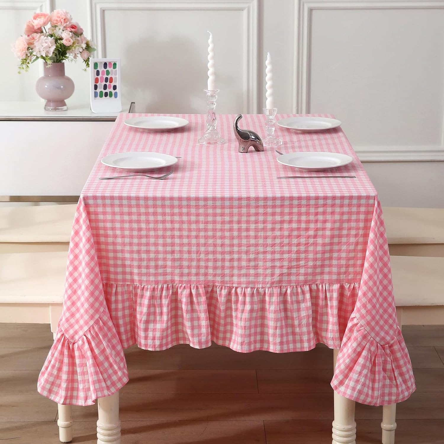 Gingham Ruffle Tablecloth 120"×60", Rectangular