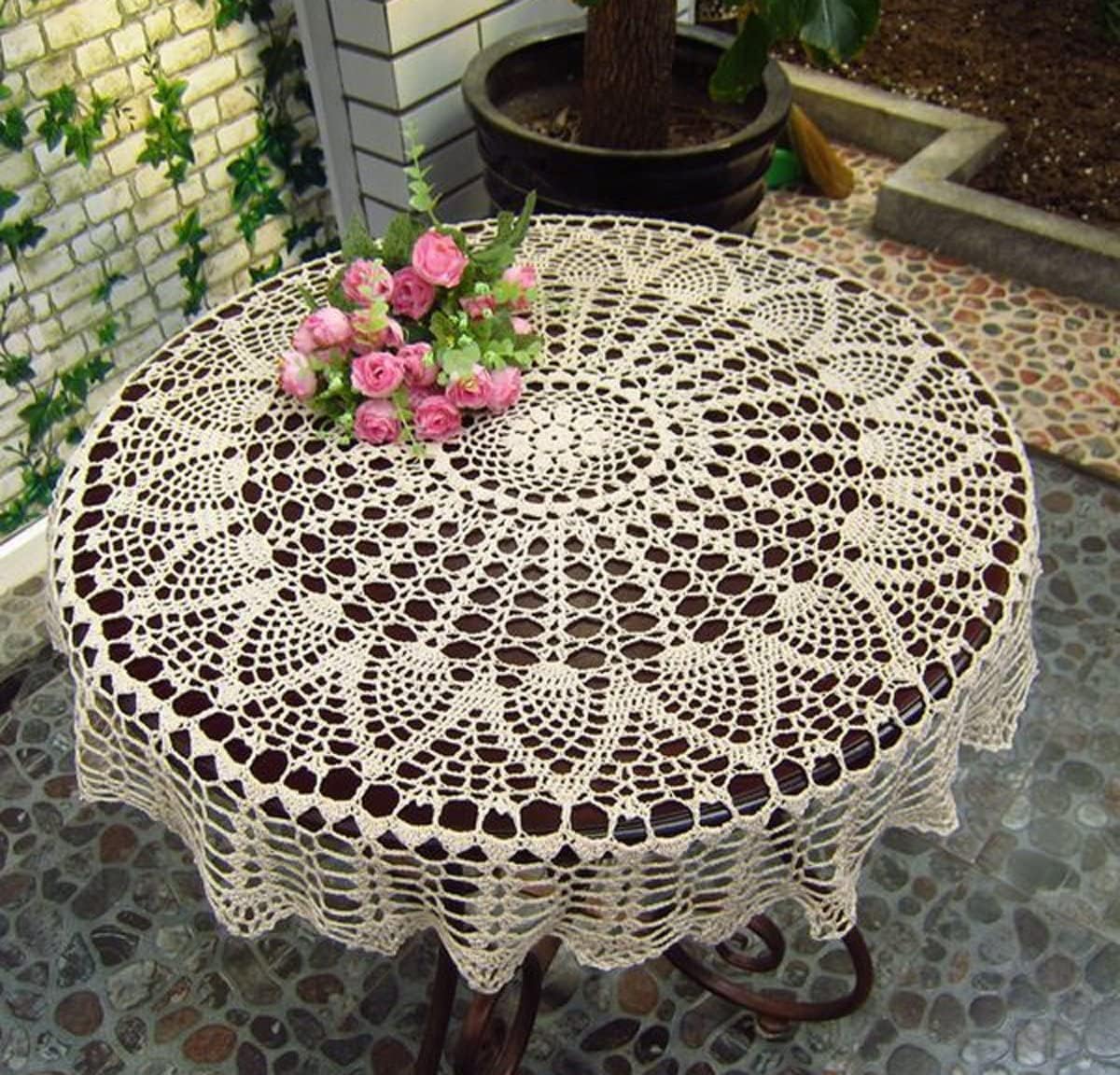 Vintage Crochet Lace Round Tablecloth Doily, 33" Diameter