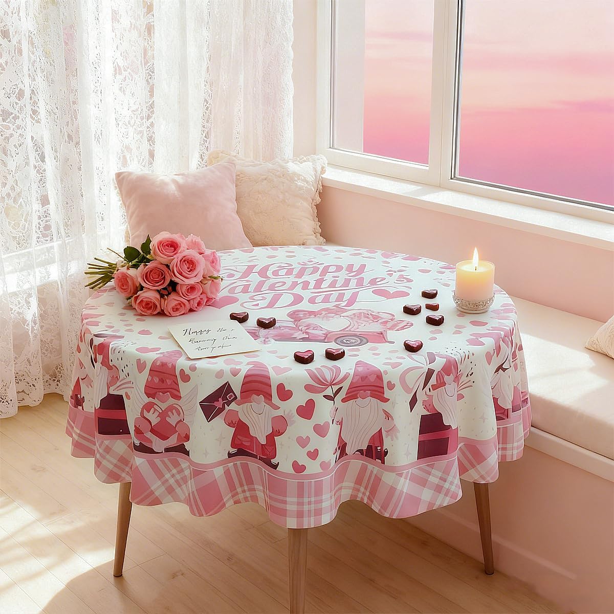 Pink Gnome Heart Print Round Tablecloth 60 Inch